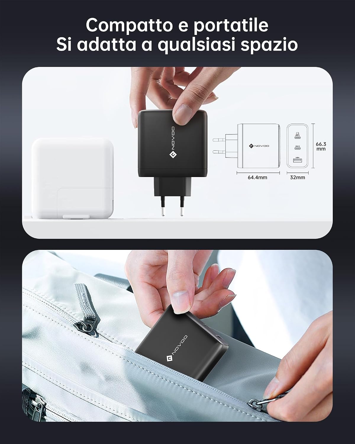 Detalle de NOVOO 120W Caricatore GaN 3 porte USB‑C per laptop e smartphone 🔌