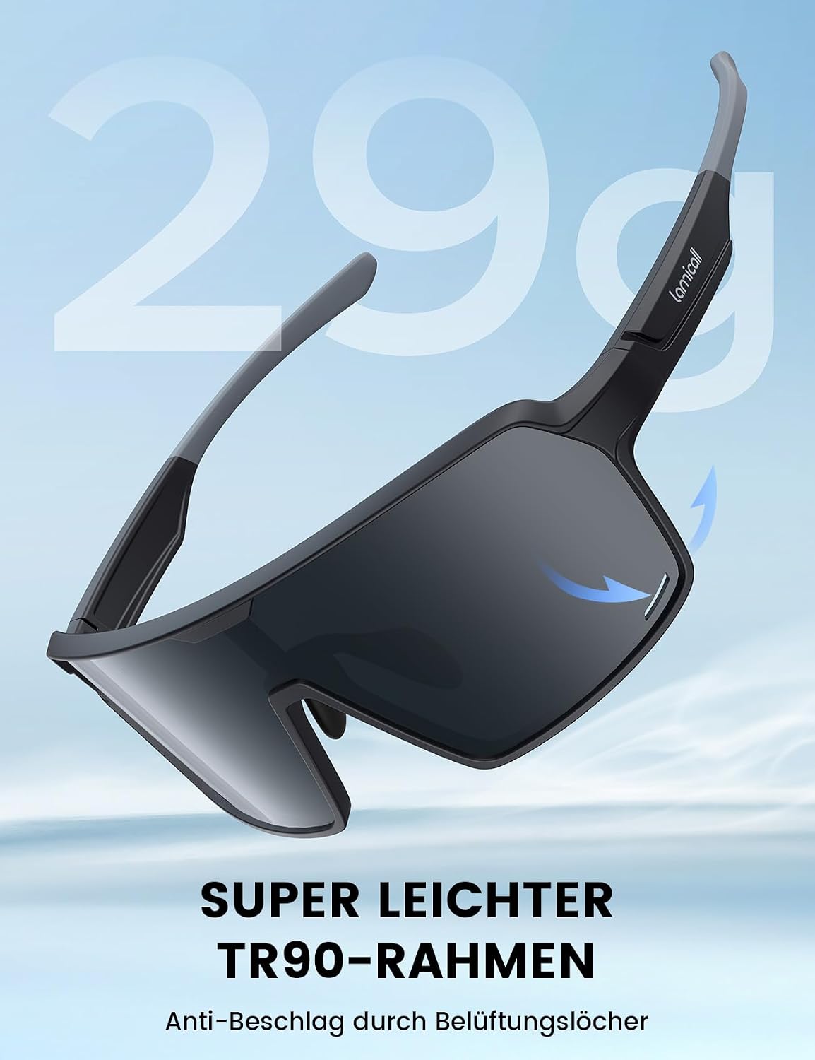 Detalle de Lamicall Fahrradbrille TR-90 Ultraleicht mit UV400, polarisierte TAC-Linsen – Herren/Damen Vollrand, winddicht