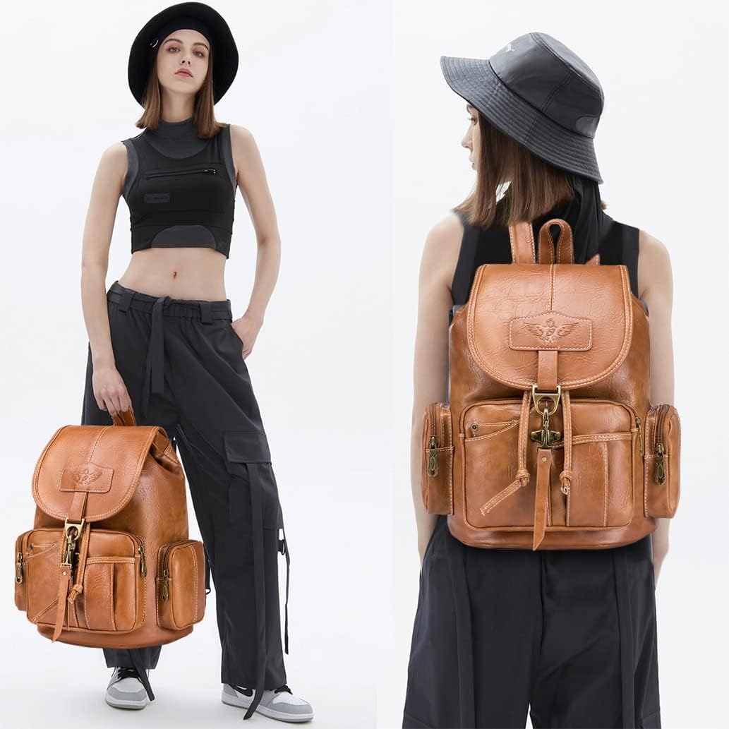Detalle de SPAHER Damen Mini-Rucksack aus Kunstleder – wasserdicht & Anti-Diebstahl, Vintage Daypack (braun)