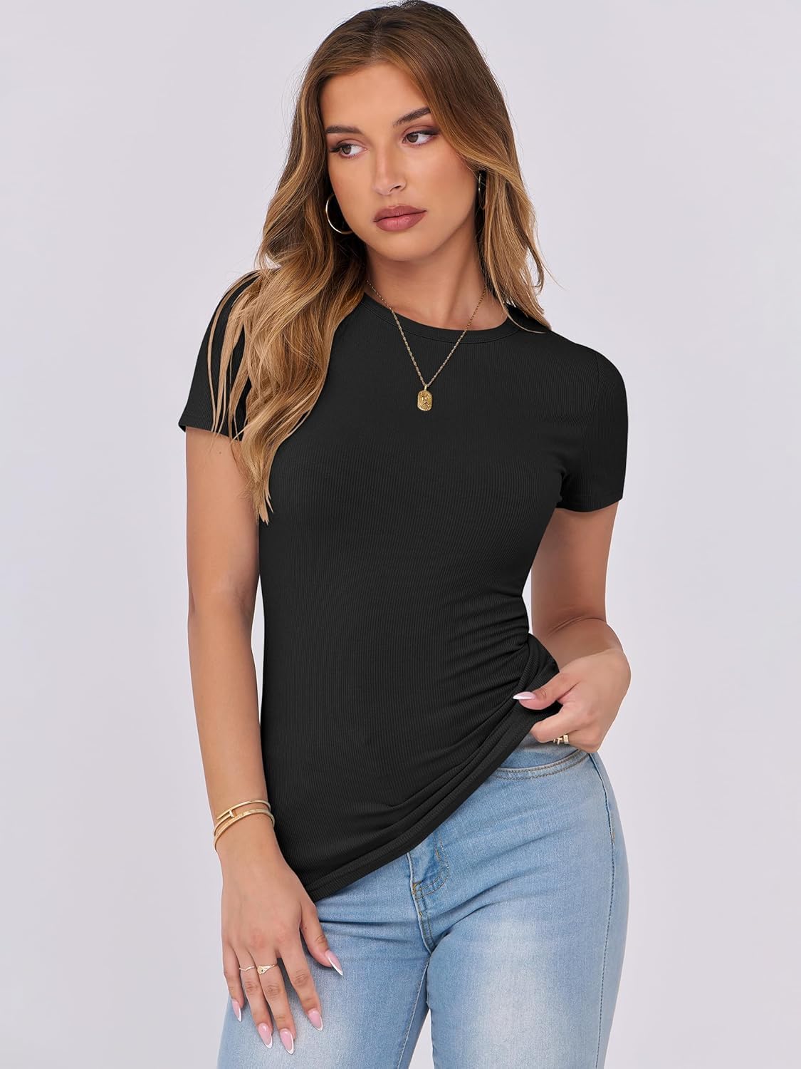 Thumbnail 2 de DUOEASE Damen T-Shirt Slim Fit – Rundhals, Sommer-Oberteil aus Rippen-Viscose-Mischung