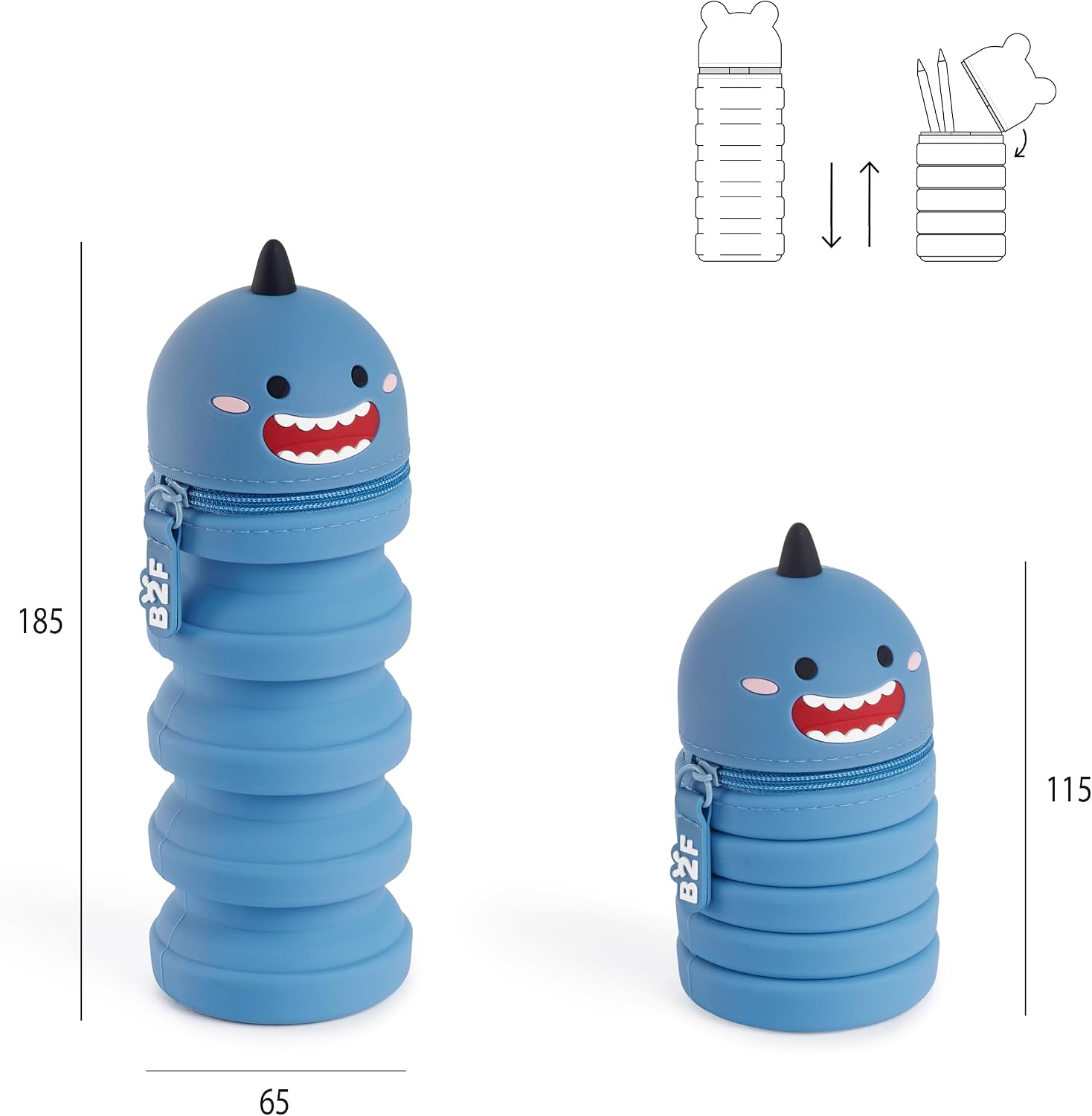 Detalle 2 de Back2Fun 2-i-1 utdragbart pennfodral i blå silikon med hajmotiv