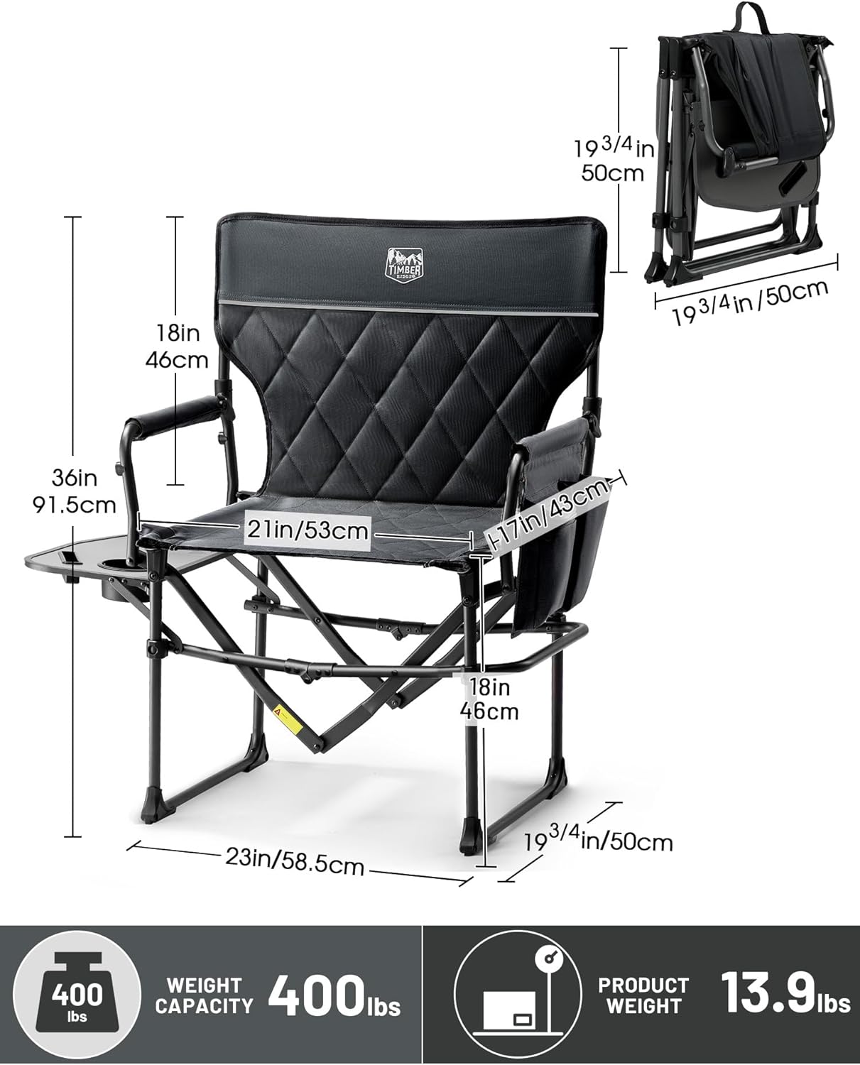 Detalle de TIMBER RIDGE Heavy Duty Camping Chair (2 Pack) – Compact, Portable Director Chair with Side Table and Pocket, Supports Up to 400 lbs