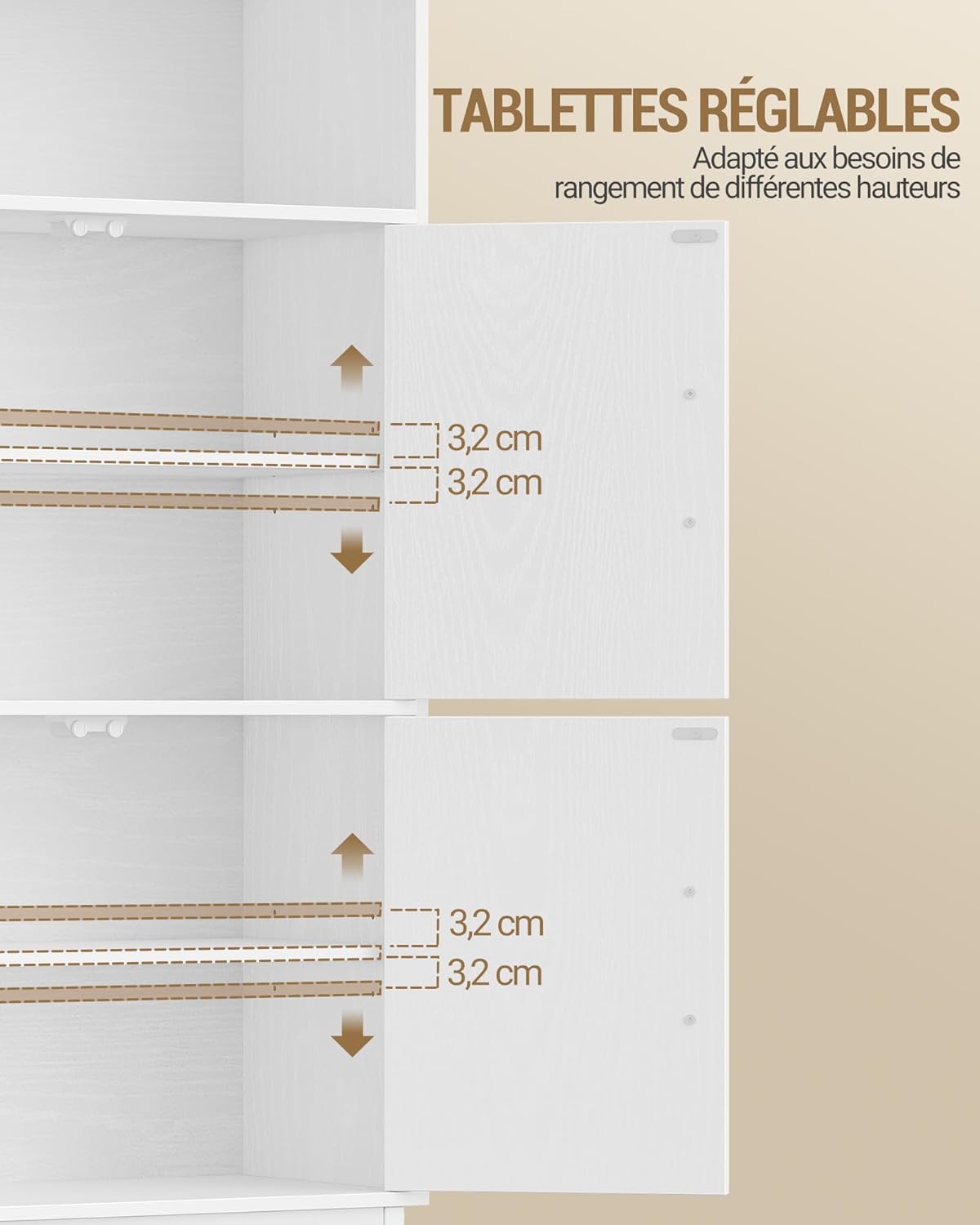 Thumbnail 5 de Hzuaneri Meuble Salle de Bain – Armoire de rangement 30 x 60 x 120 cm, 4 portes et 1 espace ouvert, MDF FSC, blanc SC45613W