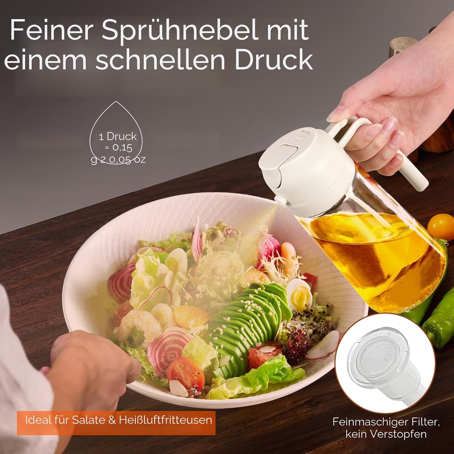 Detalle de YARRAMATE 2-in-1 Ölsprüher für Speiseöl (Cremefarben) – 470 ml Öl-Sprühflasche lebensmittelecht