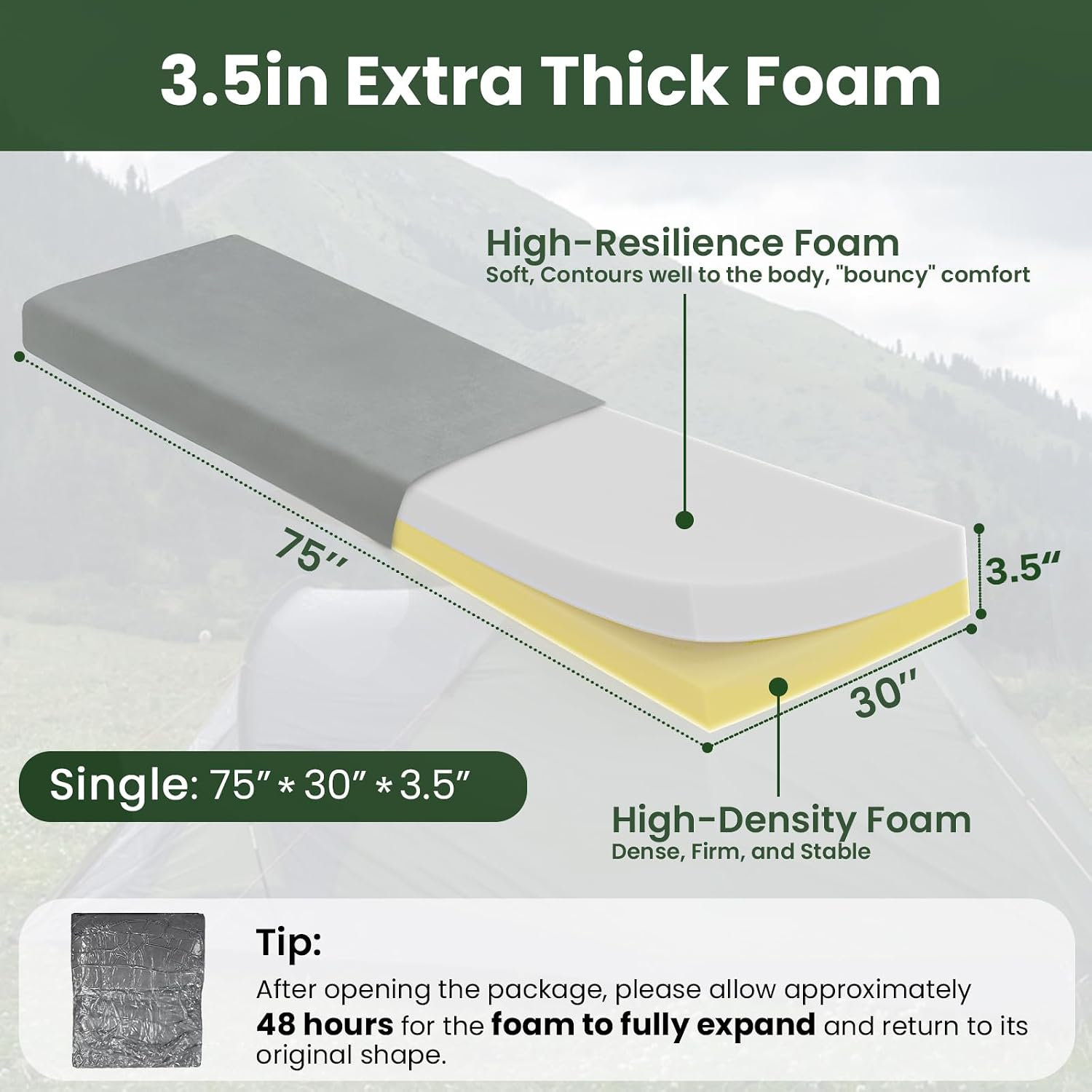Detalle de Selectico CM-BS Foam Camping Mattress, 75 x 30 x 3.5 Inches, Gray