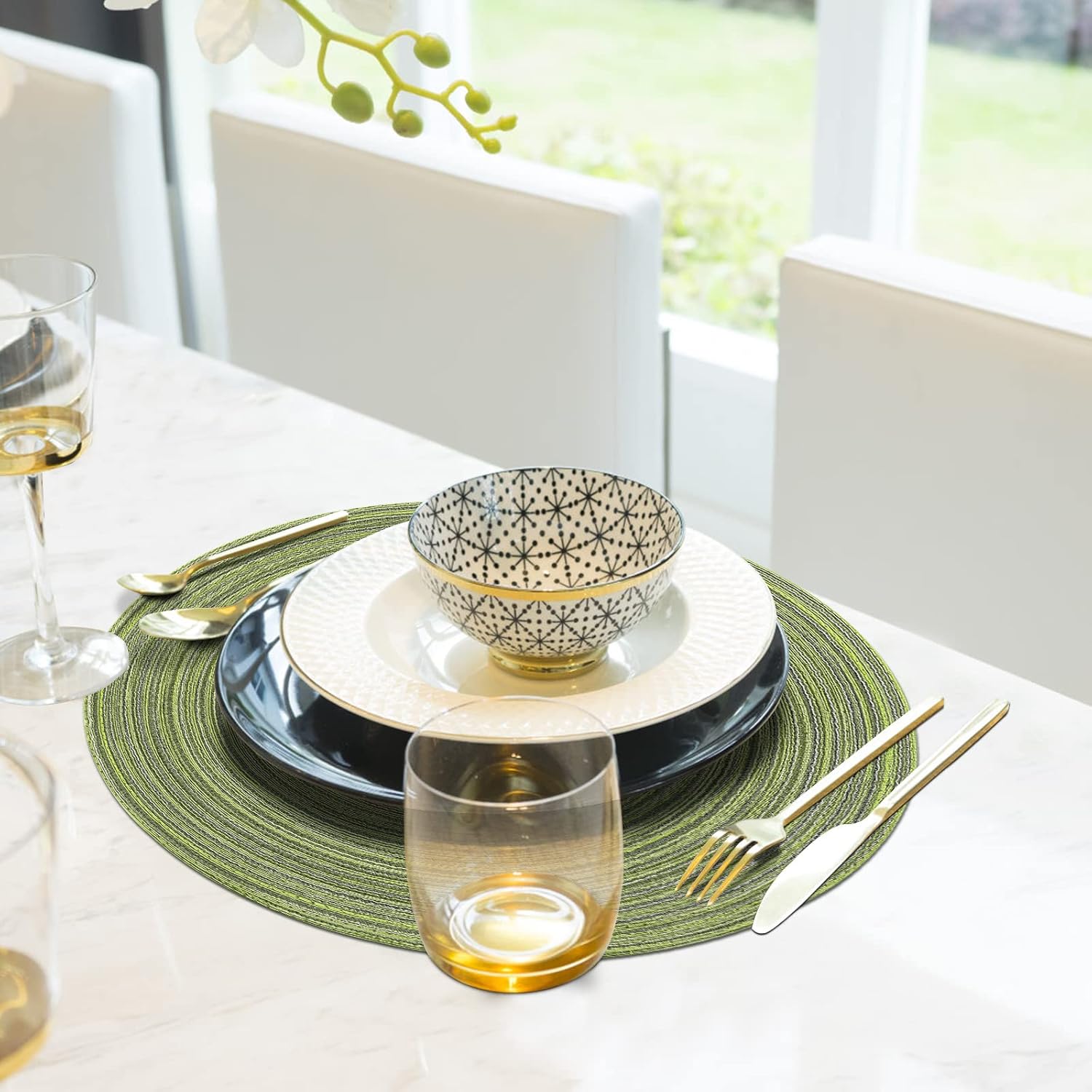 Detalle 2 de Pauwer ronde geweven placemats, set van 6, groen, 38 cm