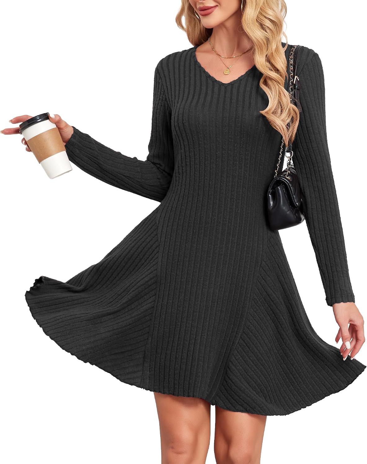 Detalle de SENBATU Robe pull tricotée femme à col en V, manches longues (automne/hiver)