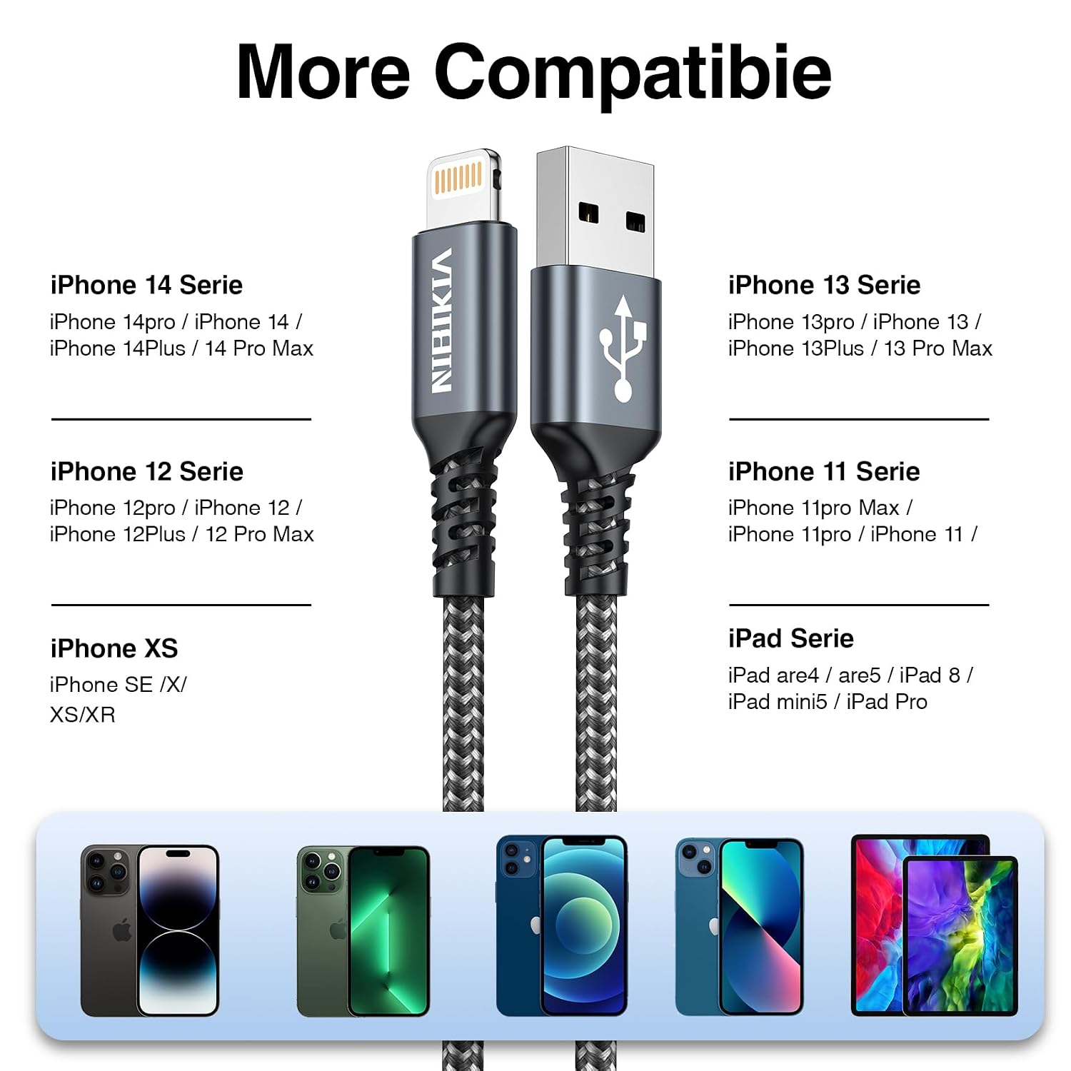 Thumbnail 6 de NIBIKIA Cavo iPhone 3 pezzi 1 m + 1 m + 1 m – Cavo Lightning Nylon con certificazione MFi per ricarica rapida