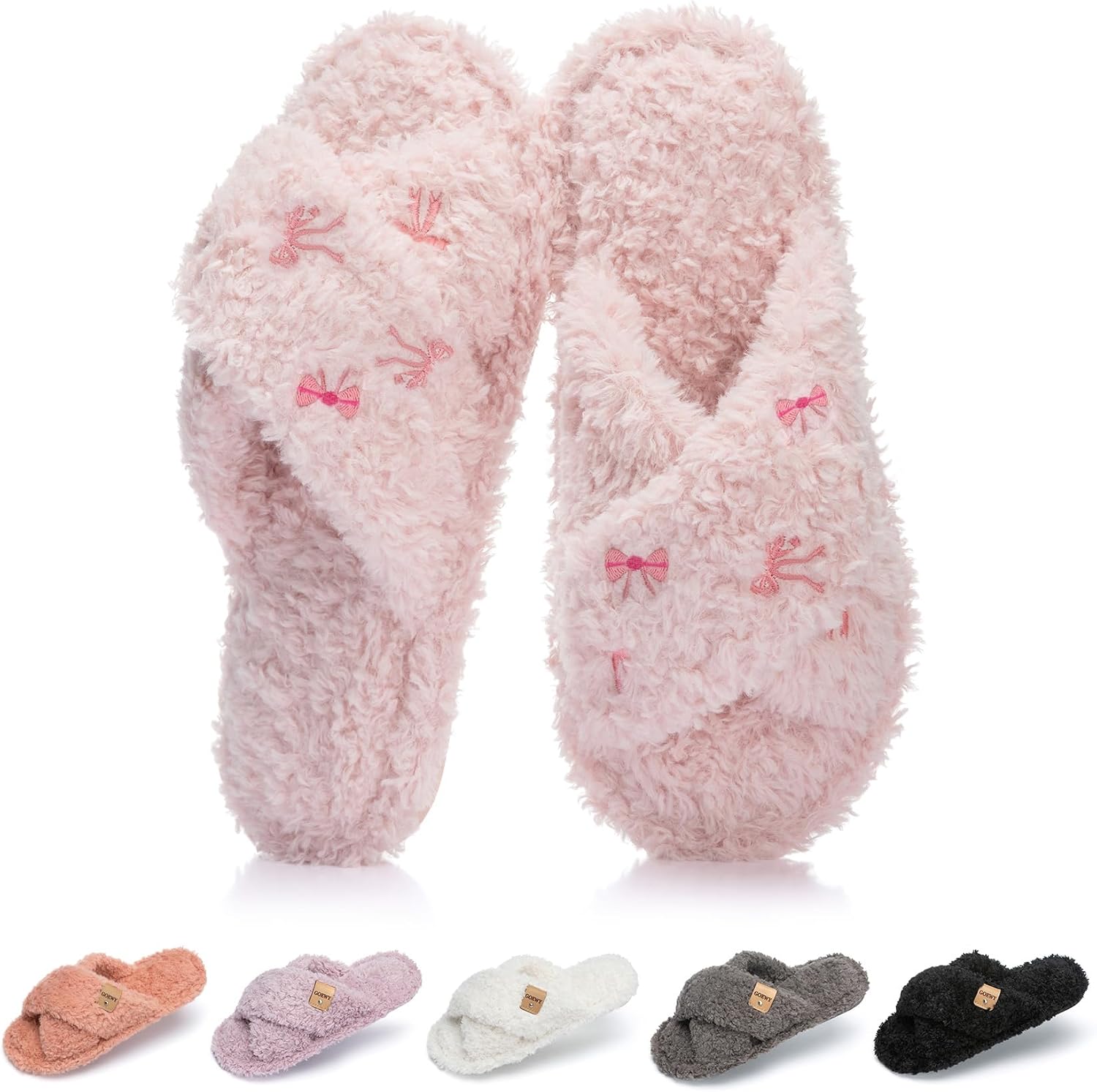 Detalle de GOEWY Fuzzy Open-Toe Slippers for Women, Memory Foam, Faux Fur, TPR Sole