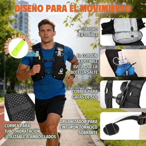 Detalle de ONETOALL Chaleco Running con Luz LED y 2 Botellas 500 ml – Hidratación y seguridad para trail