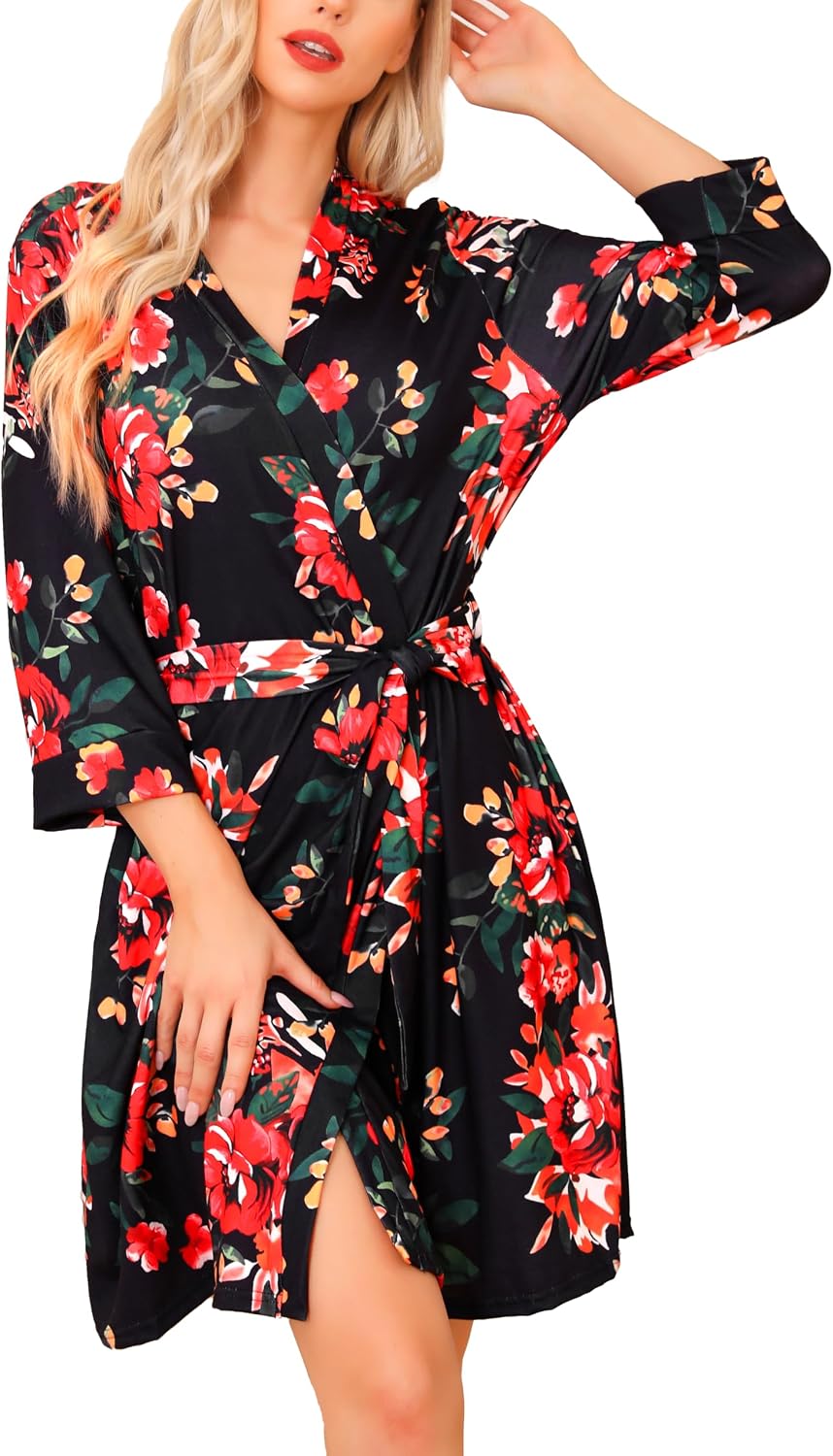 Lovasy Peignoir Court Femme Imprimé – Robe de Chambre Douce et Léger Longueur Jambes