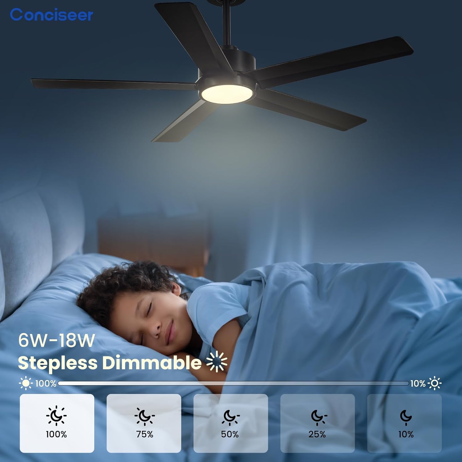 Thumbnail 2 de Conciseer 52-Inch Modern Ceiling Fan with Lights, Remote, 5 Blades, 6-Speed Reversible DC Motor (Black)