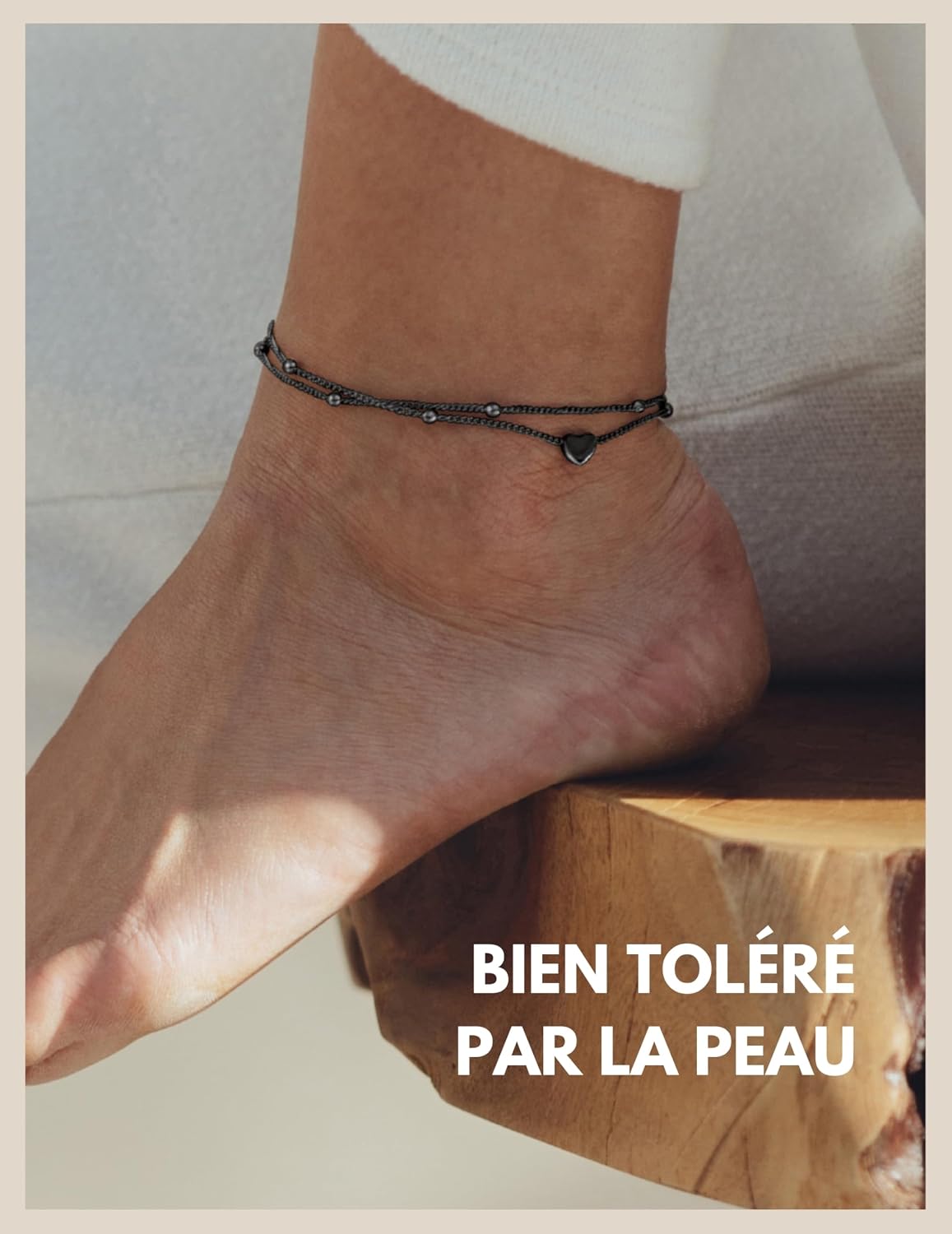 Detalle de Bracelet de cheville cœur pour femme (résistant à l’eau) en acier inoxydable, plusieurs rangs, réglable 22 à 27 cm
