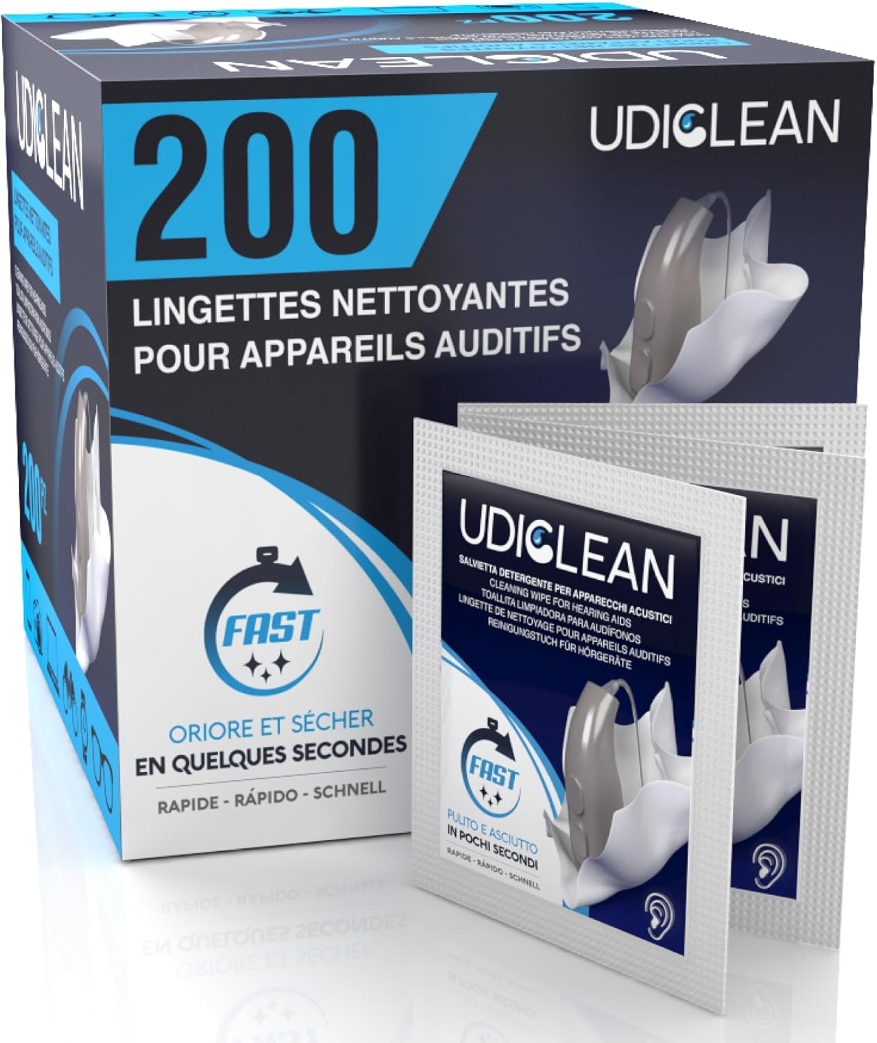 200 lingettes humides biodégradables Udiclean à séchage rapide pour le nettoyage des appareils auditifs