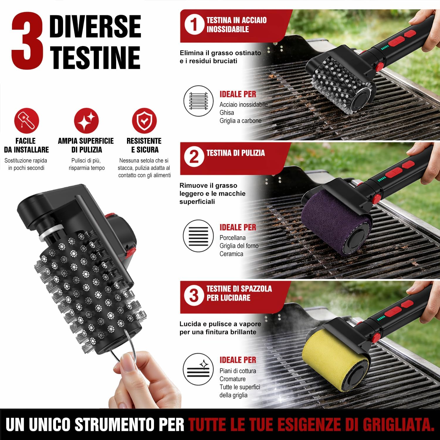 Thumbnail 4 de Spazzola Elettrica per Barbecue: pulizia rapida senza fili con 3 velocità e testine intercambiabili