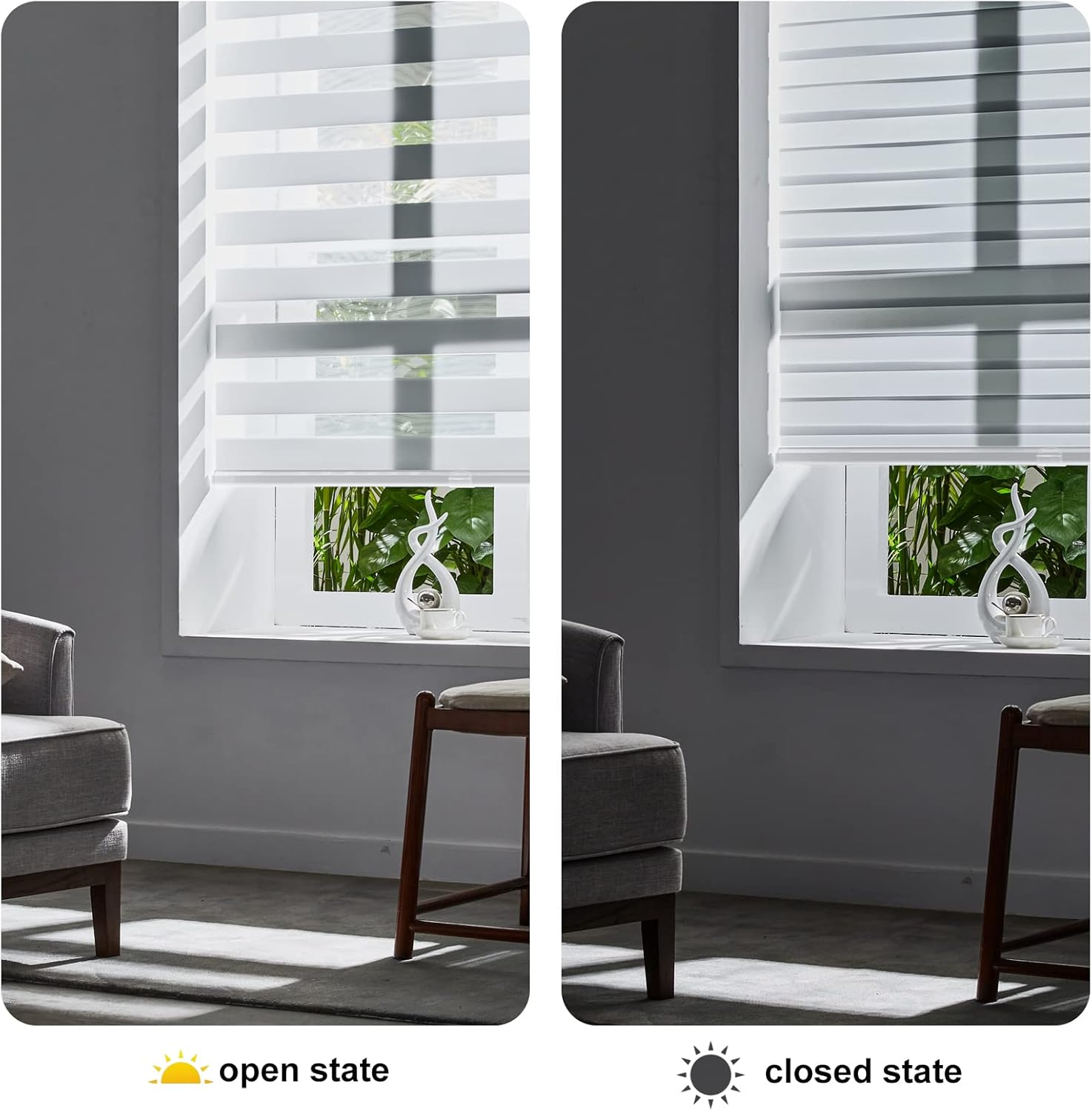 Detalle de Persilux Cordless Zebra Blinds for Windows – Free-Stop Dual Layer Light Control (34"W x 72"H, White)