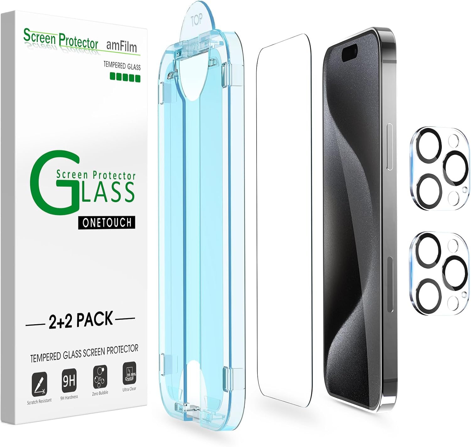 Detalle de amFilm OneTouch OT-IPH15P-6.1 iPhone 15 Pro Screen Protector, 9H Glass, 2+2 Pack
