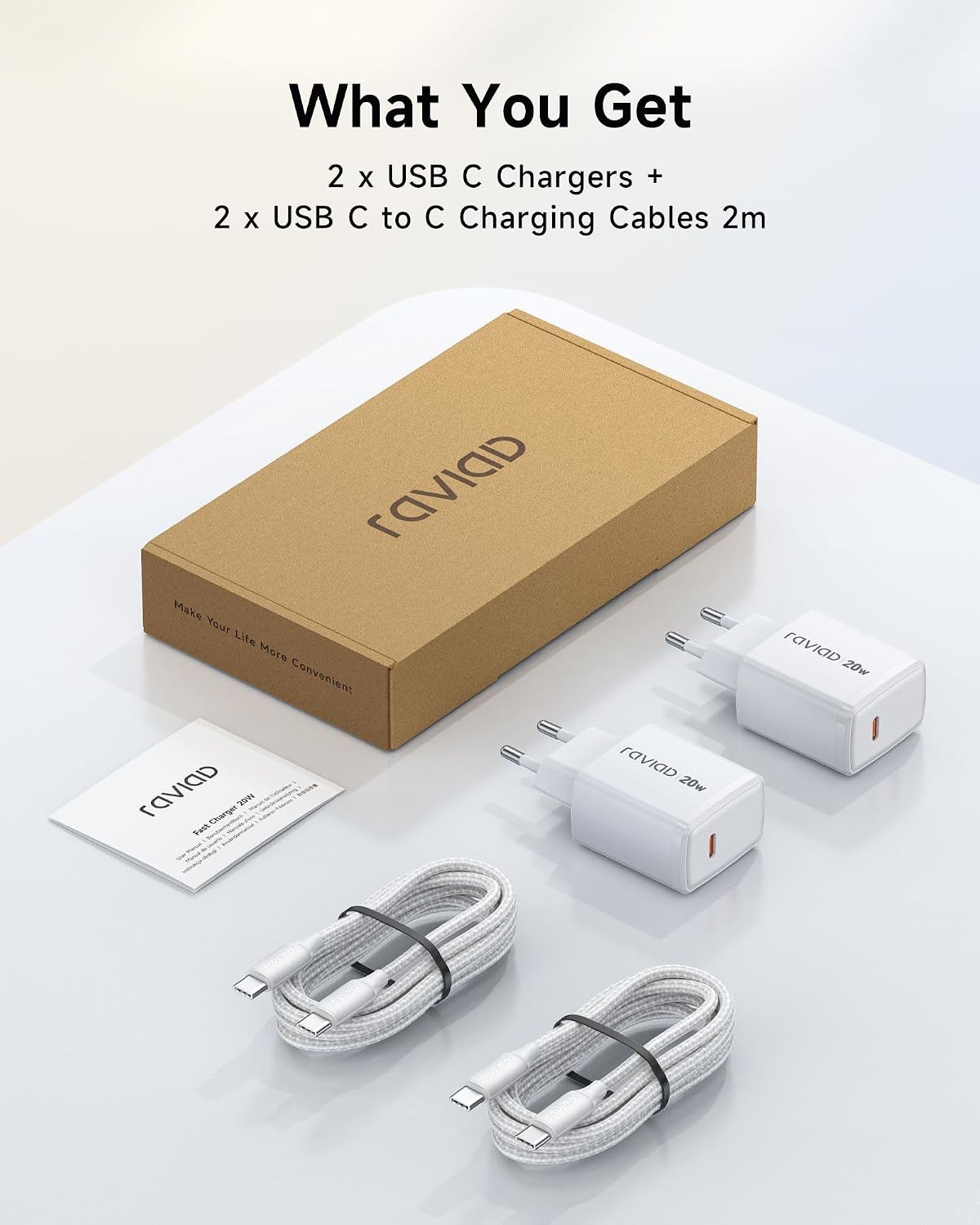 Detalle de RAVIAD USB‑C Ladegerät 2er‑Pack, 20W Schnellladeadapter mit 2 m USB‑C Kabel – kompakt und flexibel