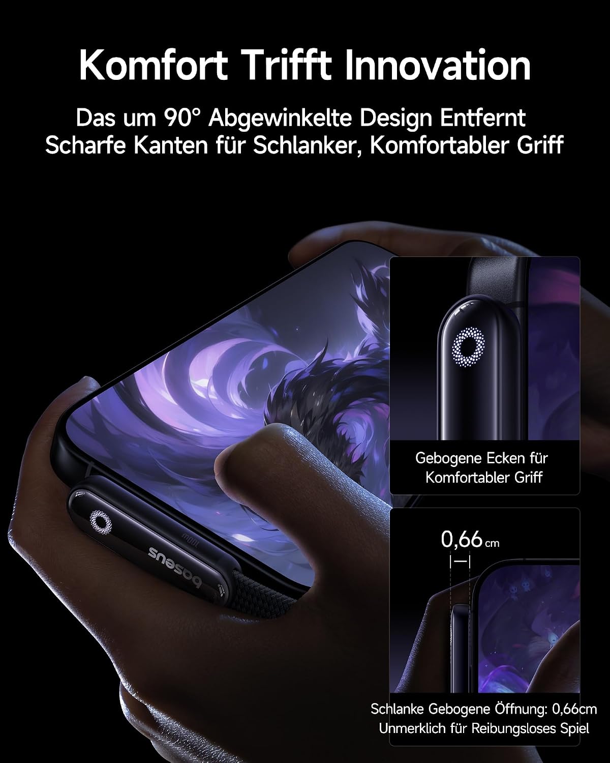 Detalle de Baseus USB‑C auf USB‑C Kabel 90 Grad, 2 m, 100 W mit Ring-Umgebungslicht