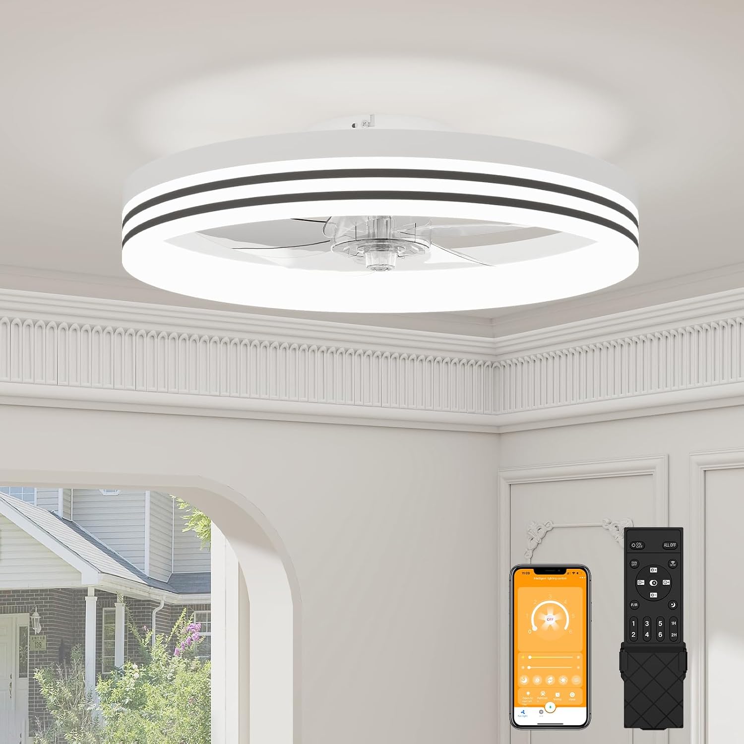 Detalle de VOLISUN 21275ZM 19.7-inch Flush-Mount Ceiling Fan with Dimmable LED Light