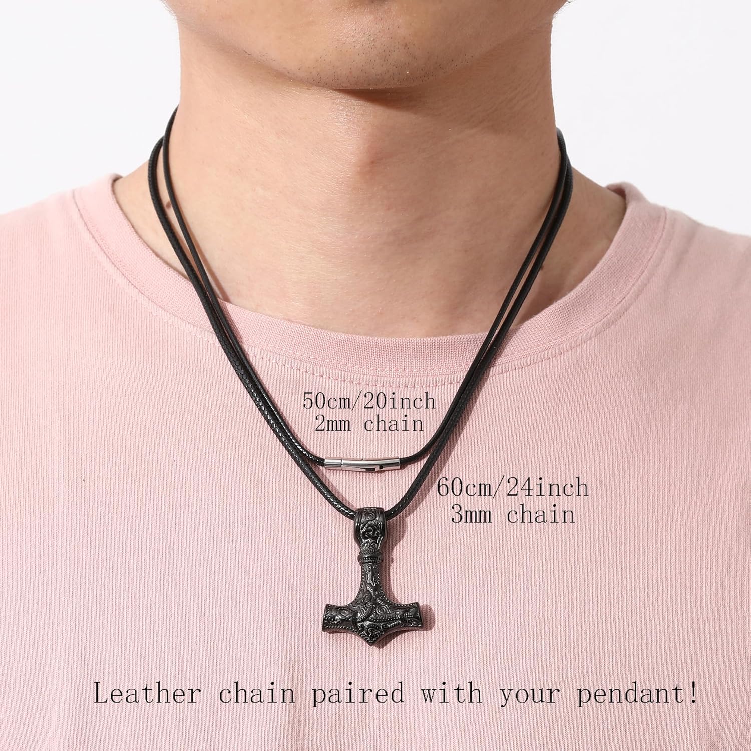 Detalle de RWQIAN Lederkette Herren 2/3 mm Leder Halskette mit Druckverschluss – Schwarz/Braun, 46–76 cm