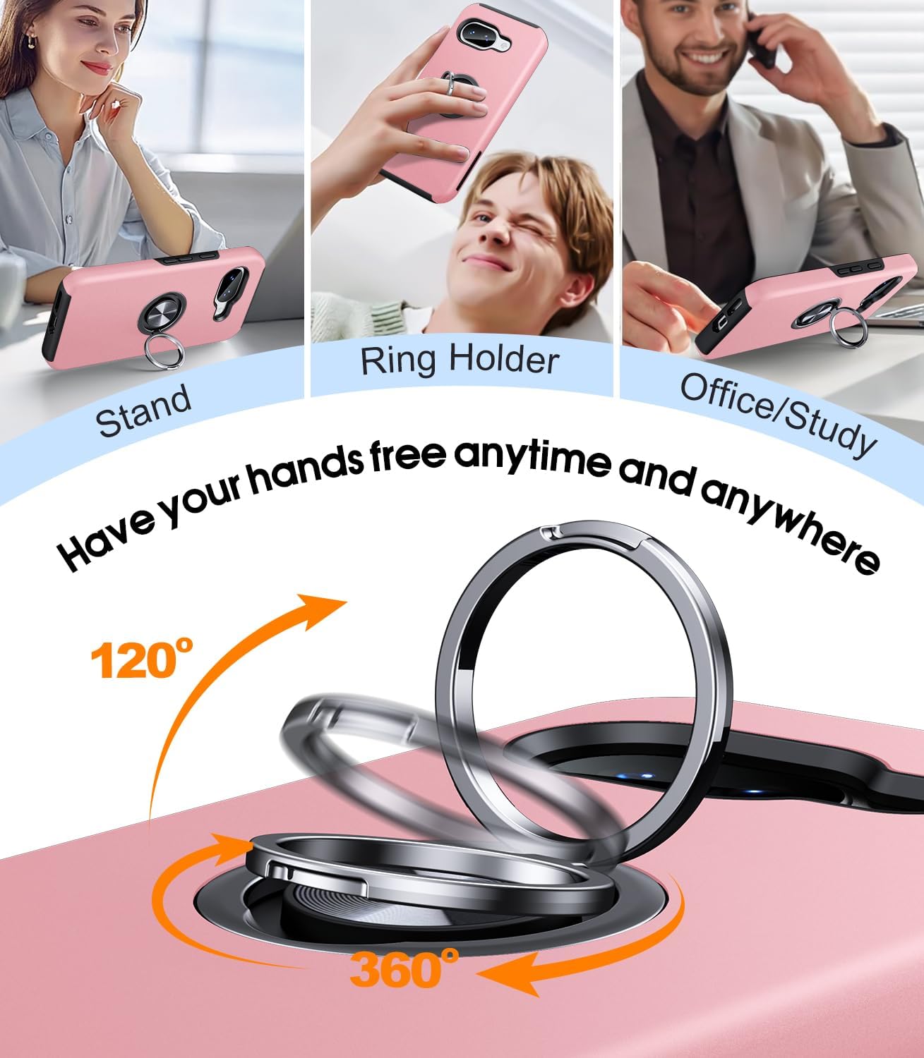 Detalle de AOUIA 360° Metal Ring Stand Case (2-pack tempered glass screen protectors) for Google Pixel 9A, Pink