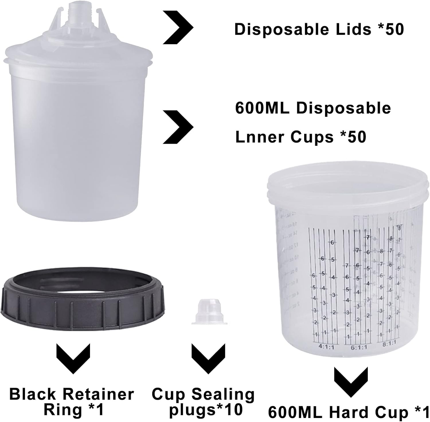 Thumbnail 2 de Aflybltol Lackierpistole: Becher-Set für HVLP-Farbsprühsystem (600 ml) mit Deckel & Liner, 50 Einwegdeckel, 10 Verschlussstopfen