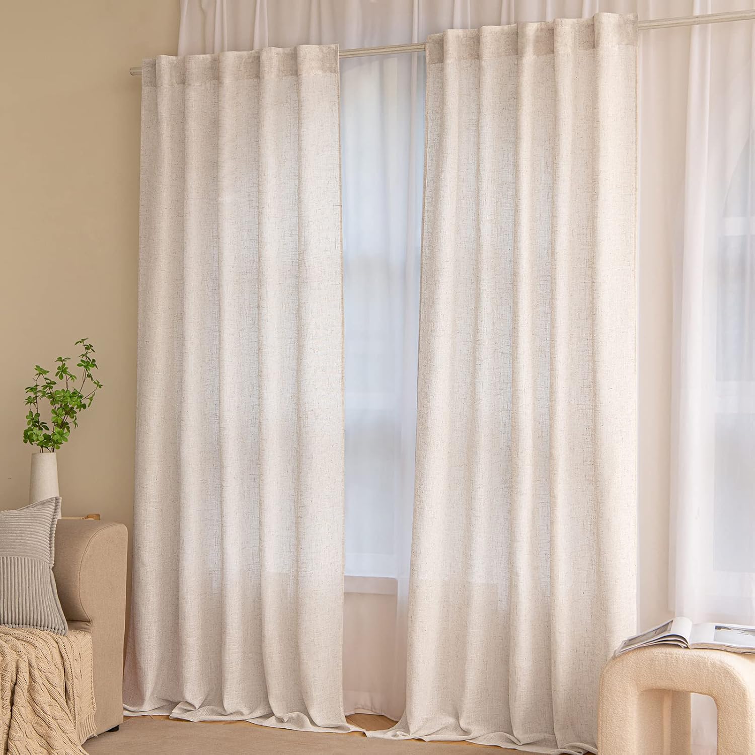 Thumbnail 1 de MIULEE Rideau Voile Modernes en Lin Translucide – Lot de 2, 245x140 cm, Blanc Naturel