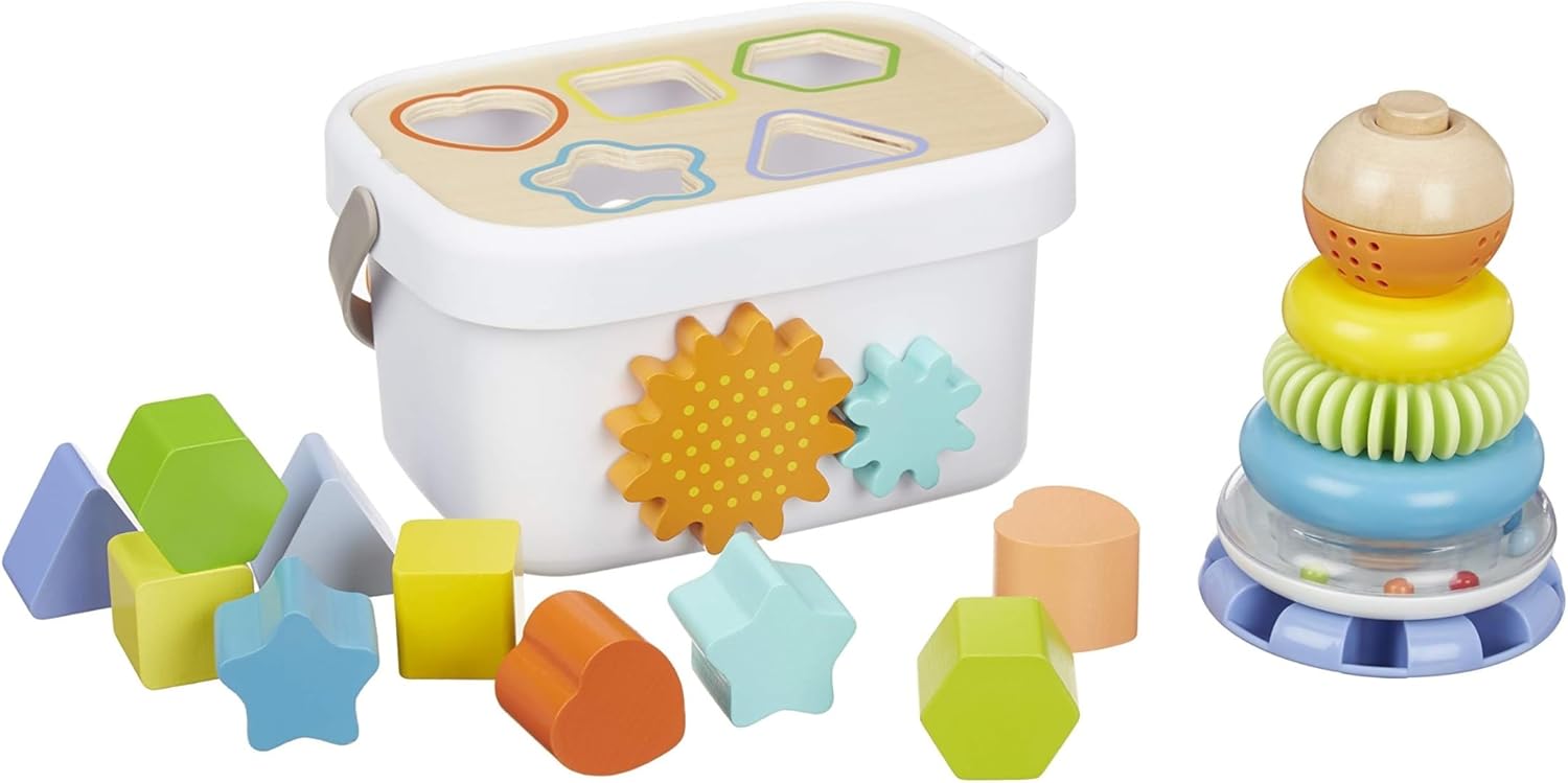 Detalle de Amazon Basics Wooden Shape Sorter and Rainbow Stacker Classic Baby Toy Set (Medium, Multicolor)