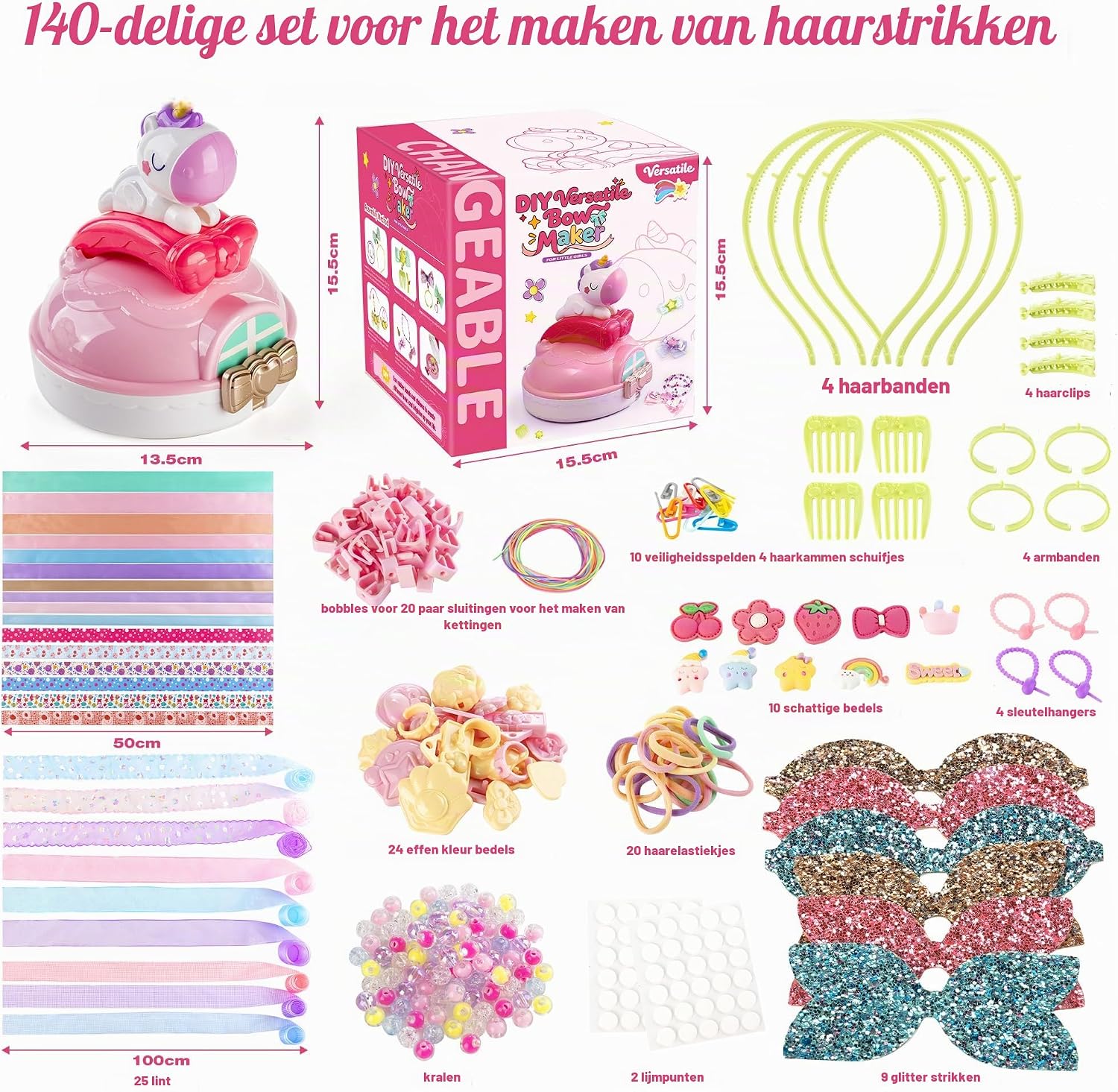 Detalle de SEMKOTREE DBM-001 haarstrikkenmaakset met linten en bedeltjes