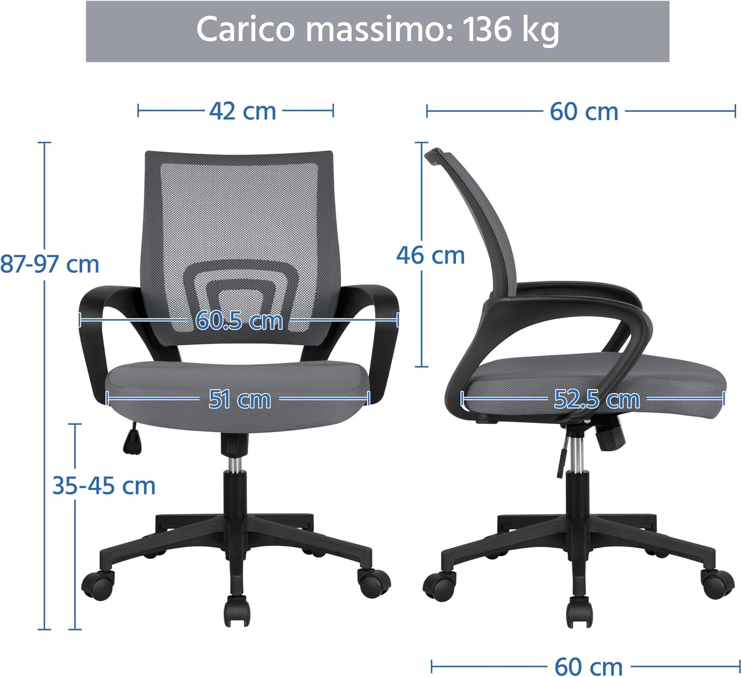 Detalle de Yaheetech Sedia da Scrivania Ergonomica, Reclinabile e Girevole con Braccioli e Ruote - In Rete Traspirante