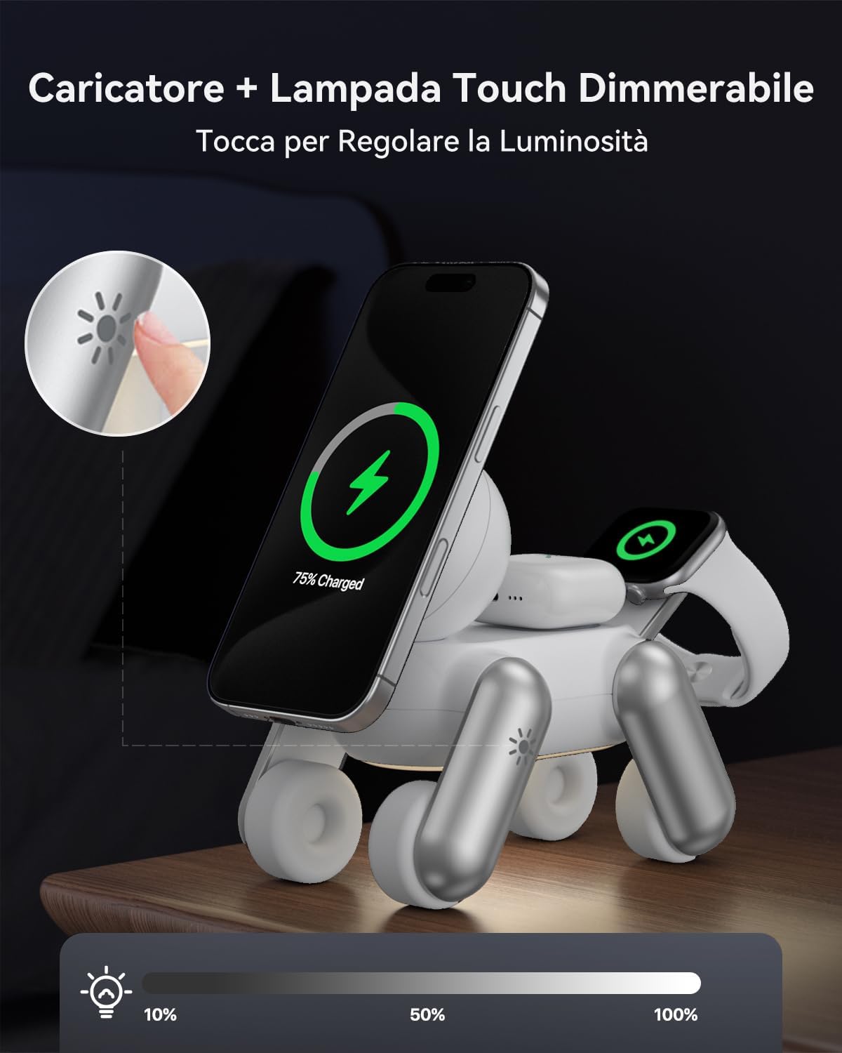 Detalle de Stazione di Ricarica MagSafe 3 in 1: ricarica simultanea per iPhone, Apple Watch e AirPods - design regolabile