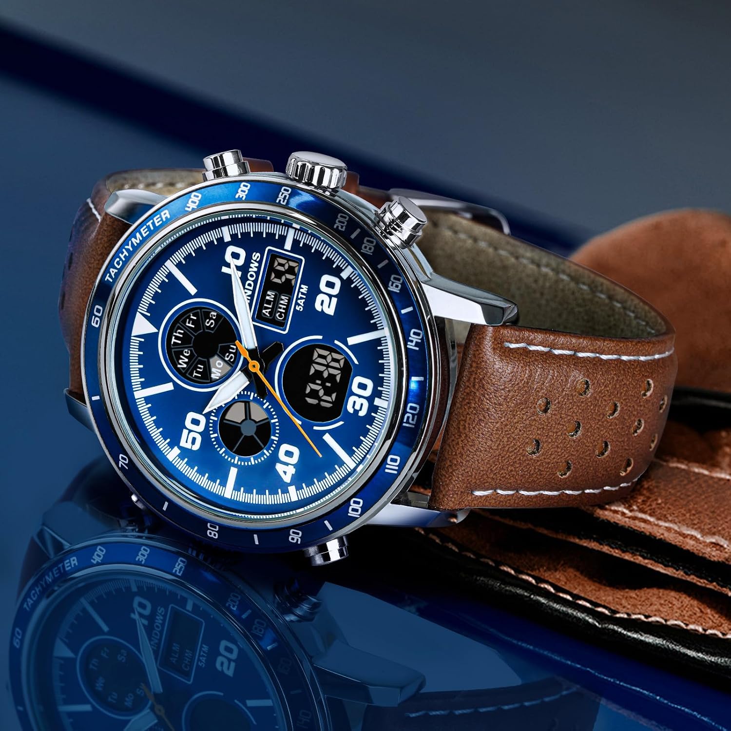 Thumbnail 6 de PINDOWS Herrenuhren – Multifunktionale Lederuhr mit Dualzeit, 30 m Wasserdicht