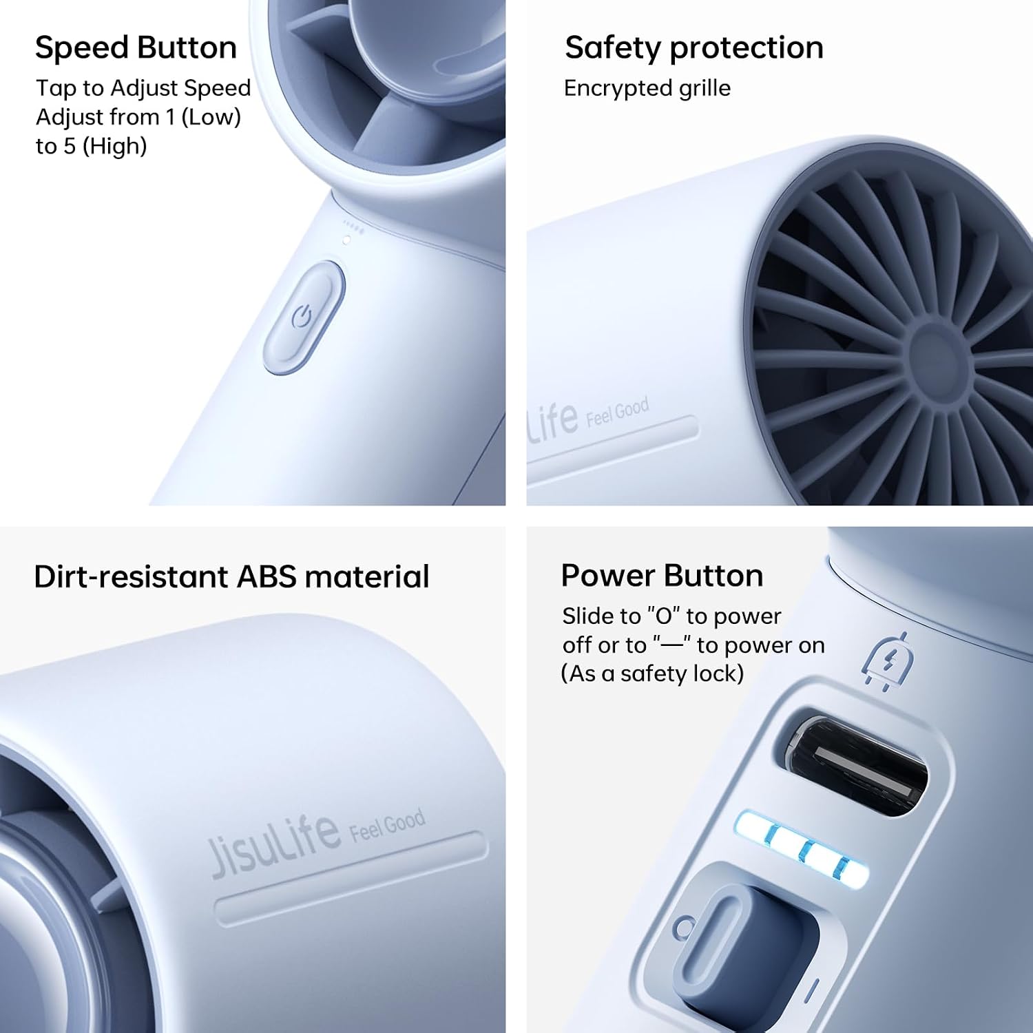 Detalle 2 de JISULIFE Portable Handheld Turbo Fan (5000mAh) – 5 Speeds, LED Display, 28H Runtime