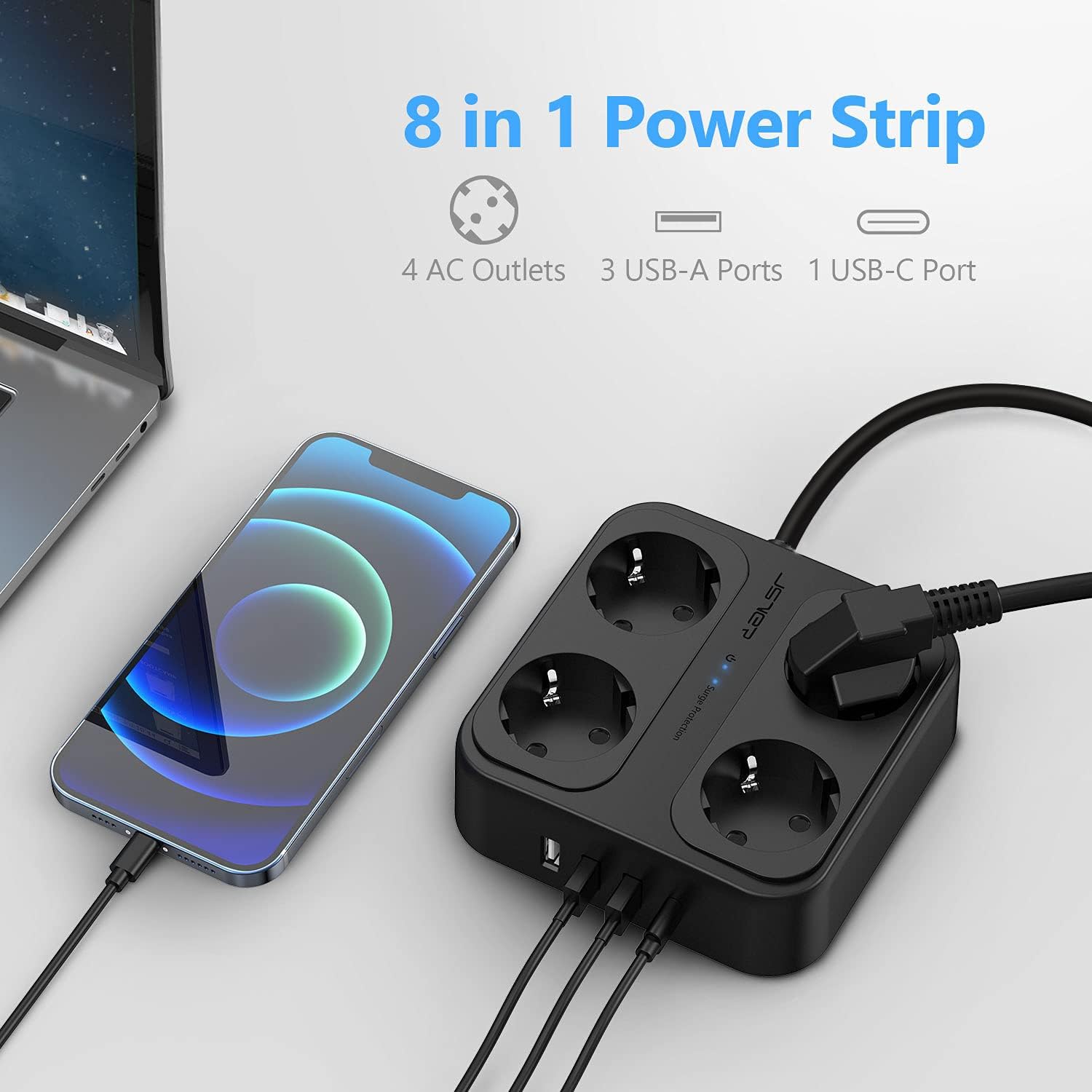 Detalle de JSVER 8-in-1 Steckdosenleiste mit 4 Fach, 3× USB-A + 1× USB-C, Schalter und Überspannungsschutz (1,8 m) – Schwarz
