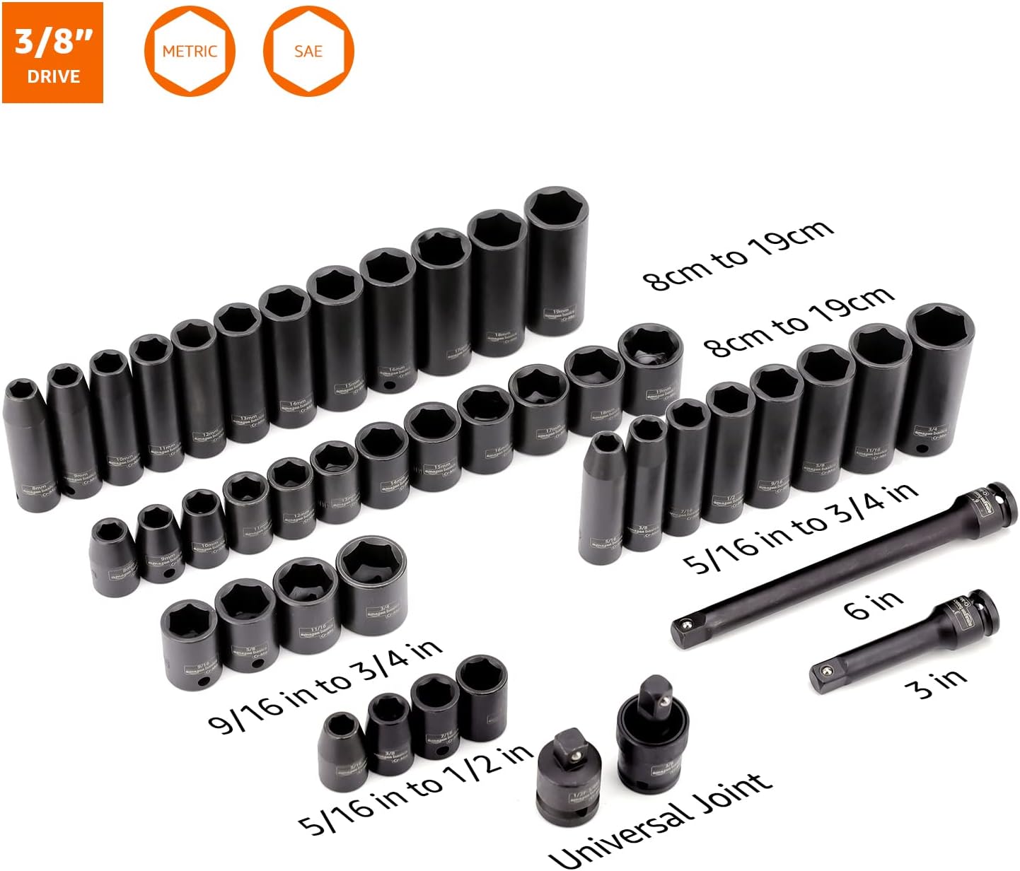 Thumbnail 1 de Amazon Basics 3/8-Inch Drive 6-Point Impact Socket Set (44-Piece) with Carrying Case