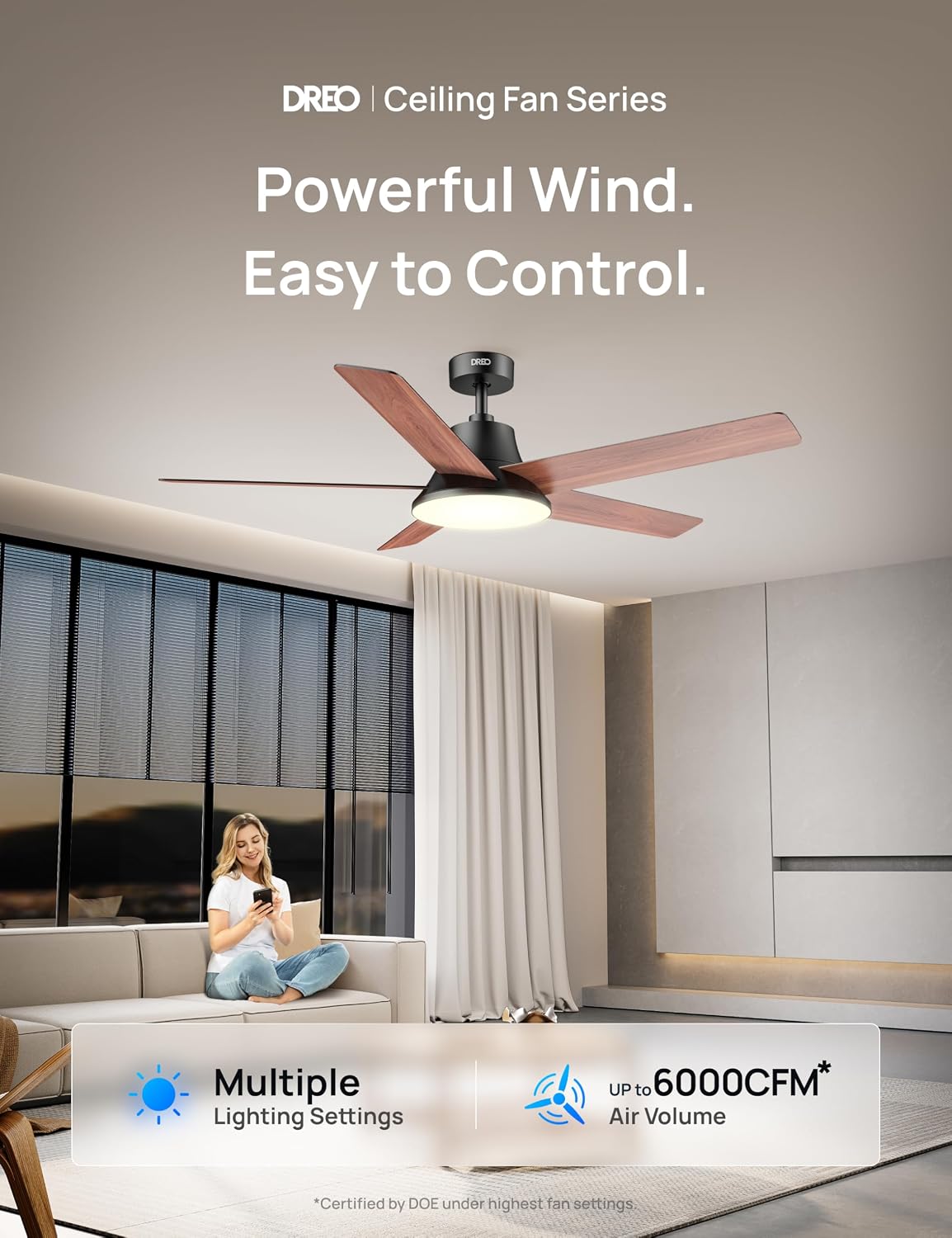 Detalle de DREO 52-Inch Ceiling Fan with Lights (6 Speeds, Dimmable LED, Remote, 8H Timer)