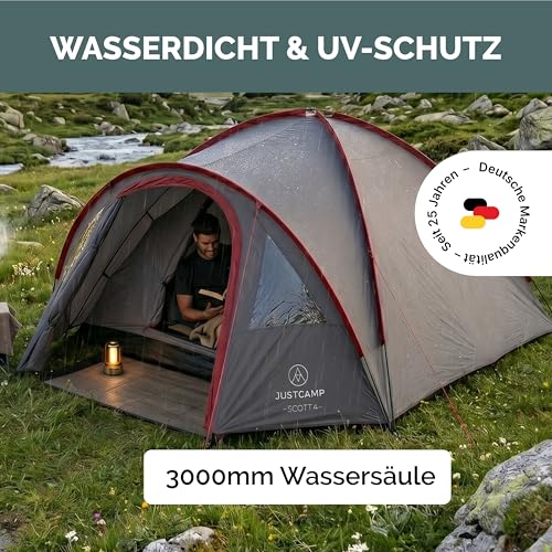 Detalle de JUSTCAMP Scott Camping Zelt 4 Personen – Großes Kuppelzelt mit Schlafkabine, Vorraum und Moskitonetz