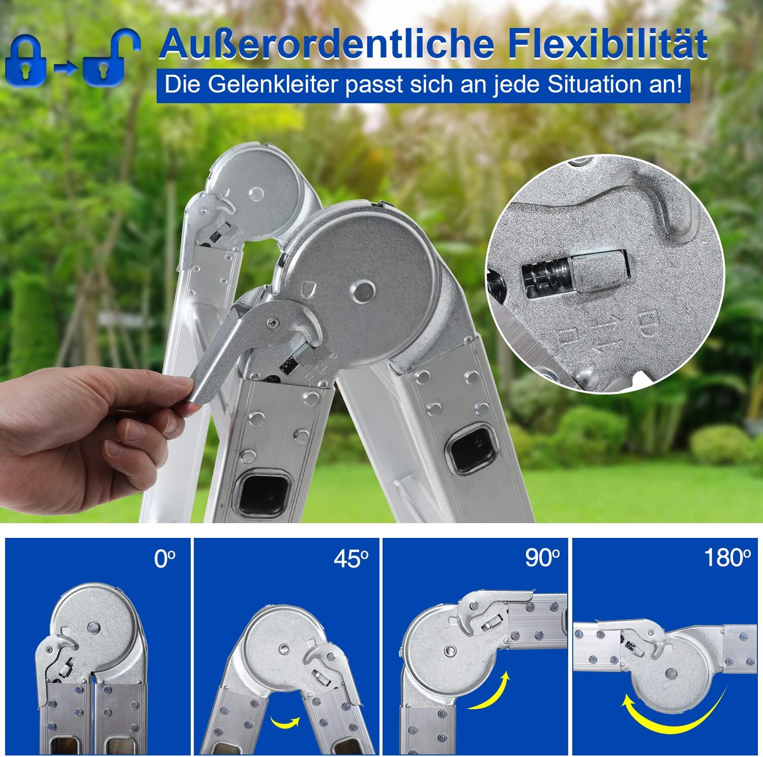 Detalle de Yakimz Scala multifunzione 7 in 1 da 5,82 m in alluminio: scala pieghevole con 4×5 gradini, 2 piattaforme e 2 ruote