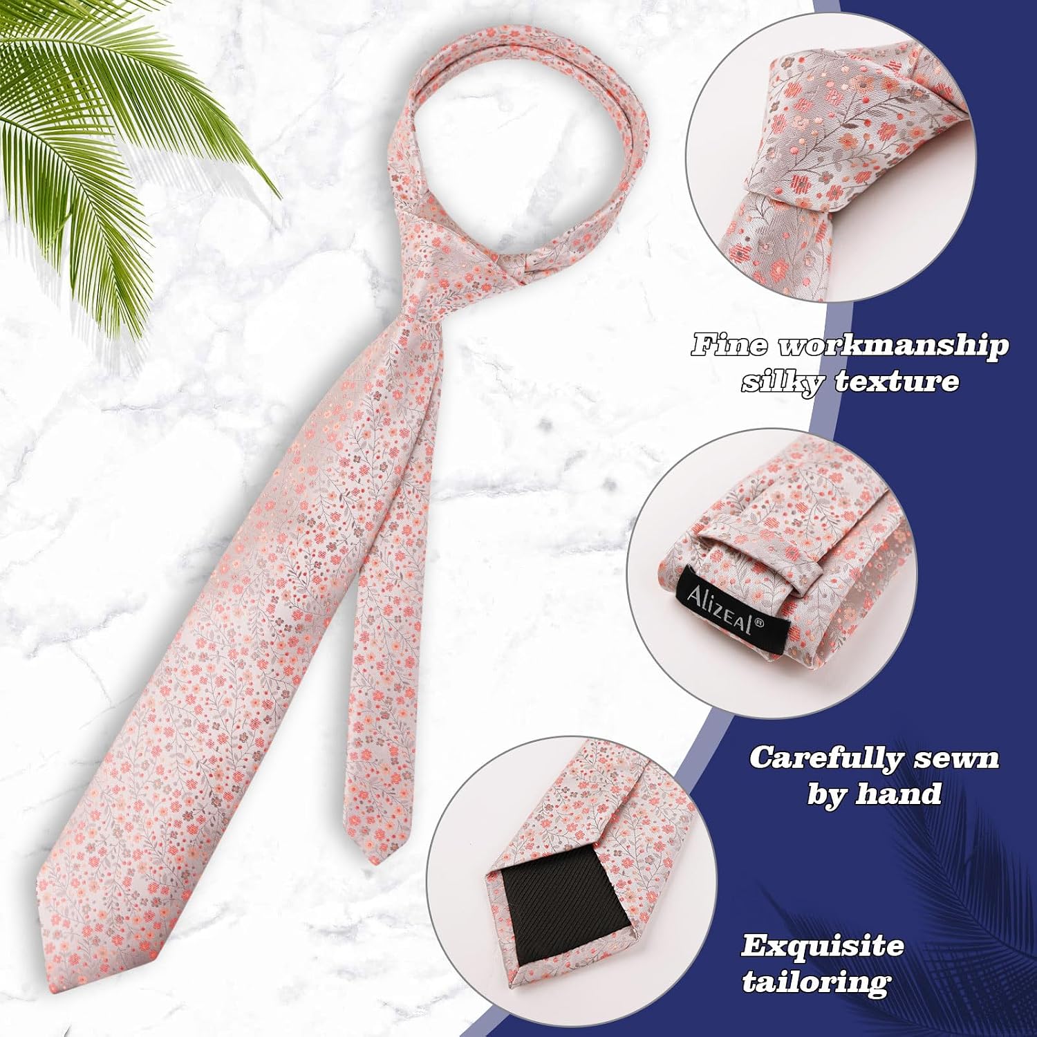 Detalle 2 de Alizeal Floral Patterned Tie with Pocket Square Set (8cm) – Lightweight Polyester