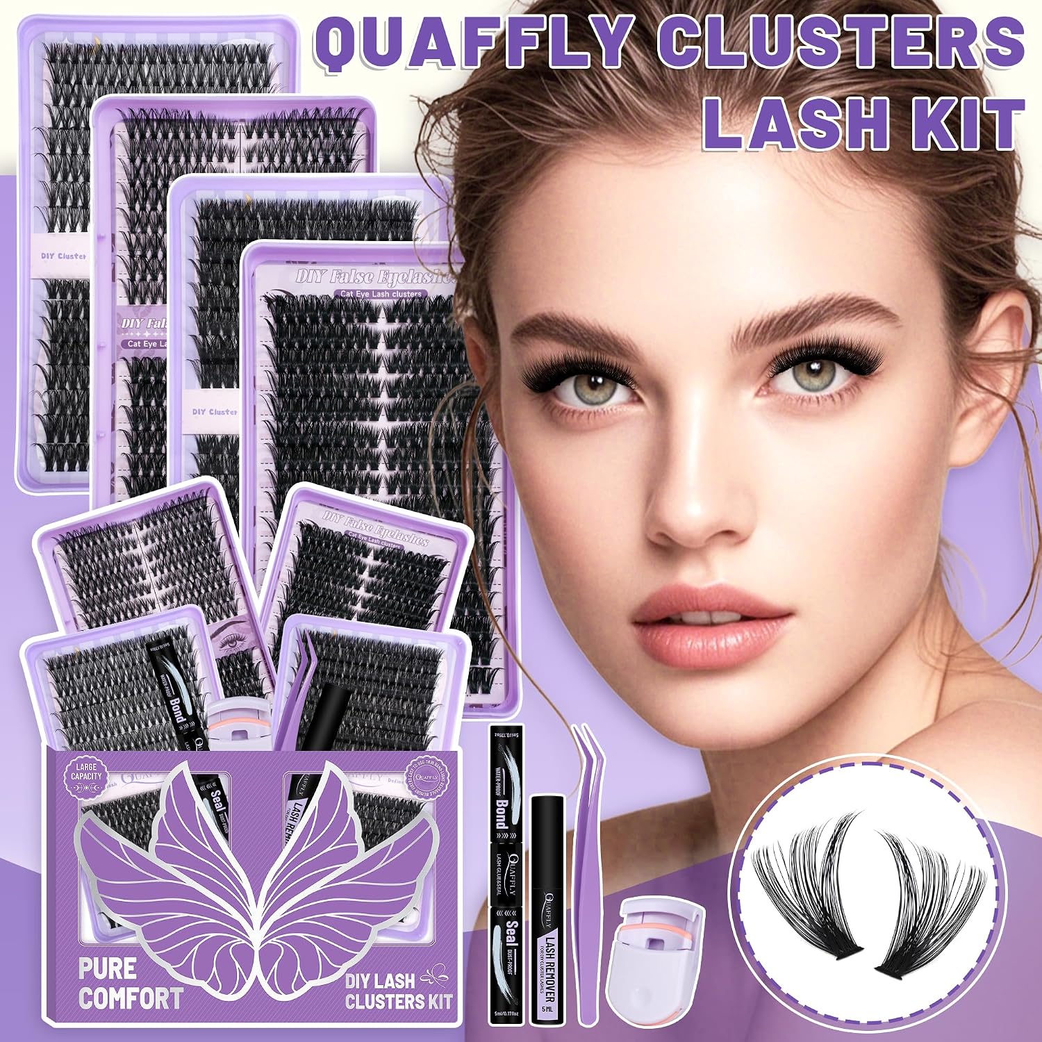 Detalle de QUAFFLY DIY Lash Cluster Kit, 1,184 Clusters, 40D–100D, 8–18 mm
