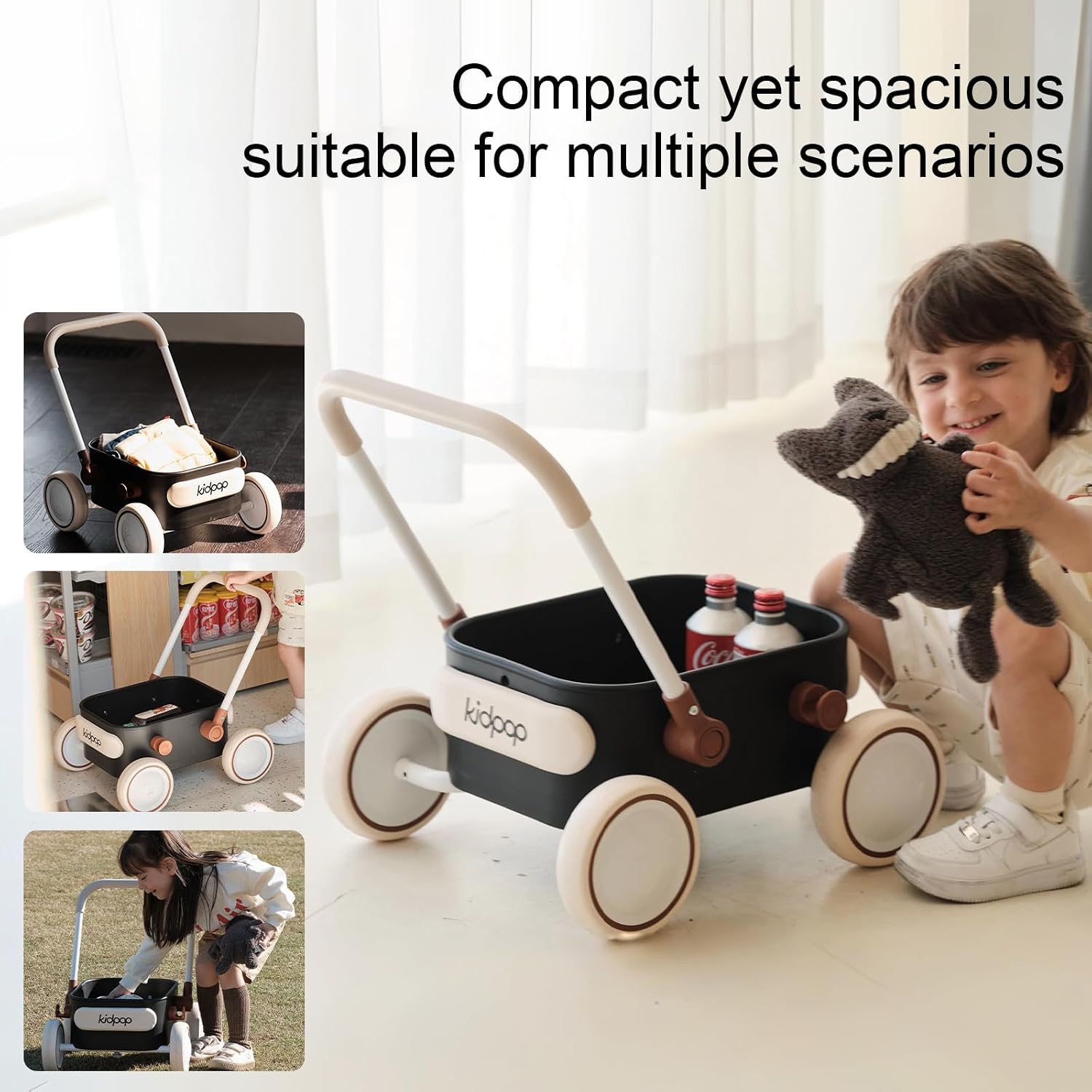 Detalle de Kidpop PULA Push & Pull Walker Wagon (Black) – 2-in-1 toddler balance wagon for learning to walk