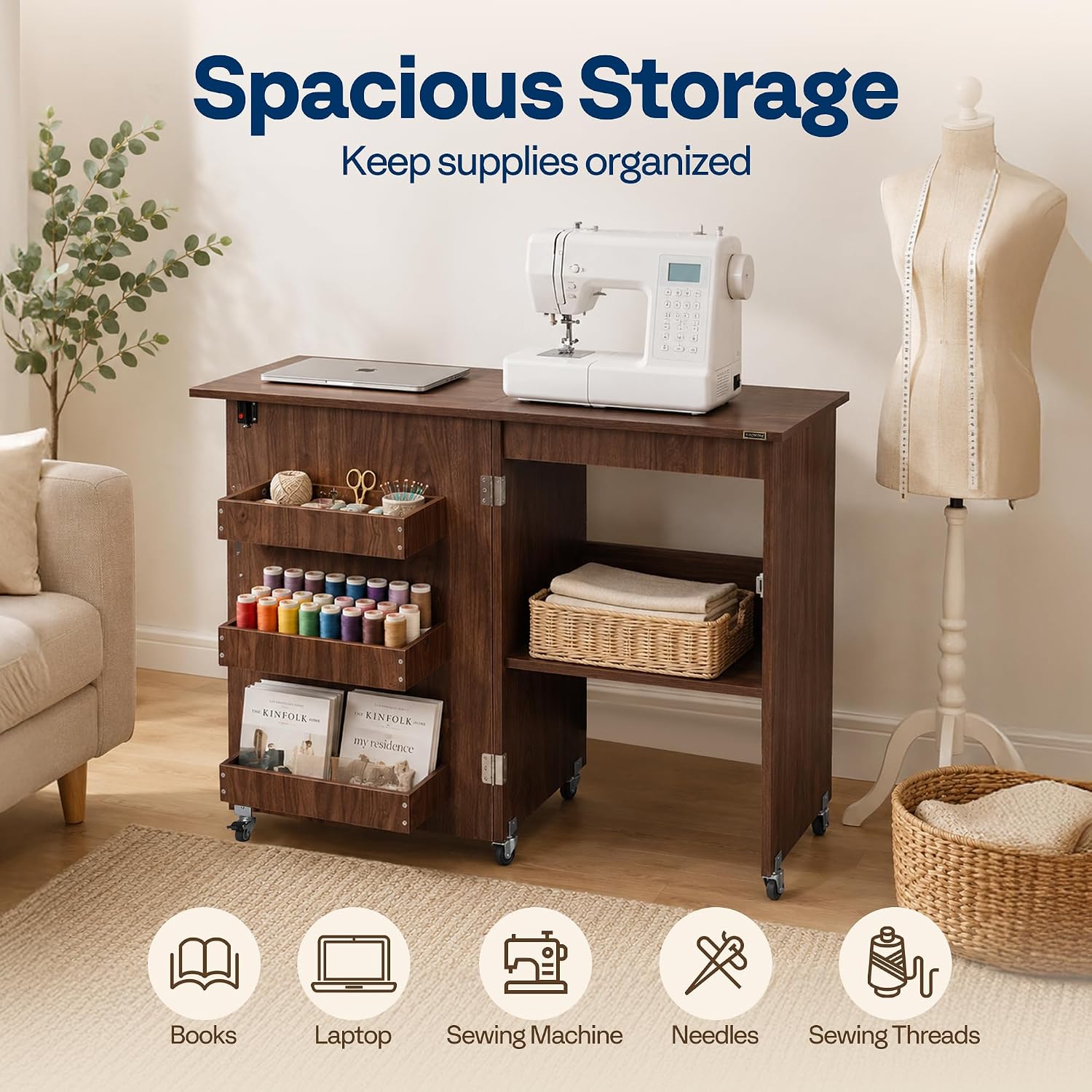 Thumbnail 6 de VIVOHOME VH1080-WA Folding Sewing Table with Storage, Walnut