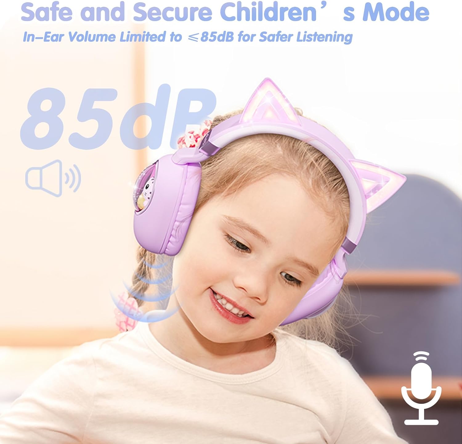 Detalle de esonstyle Cat Ear Kids Headphones (Bluetooth 5.4) with 85dB Safe Volume Limit, Mic + Wired 3.5mm/USB-C