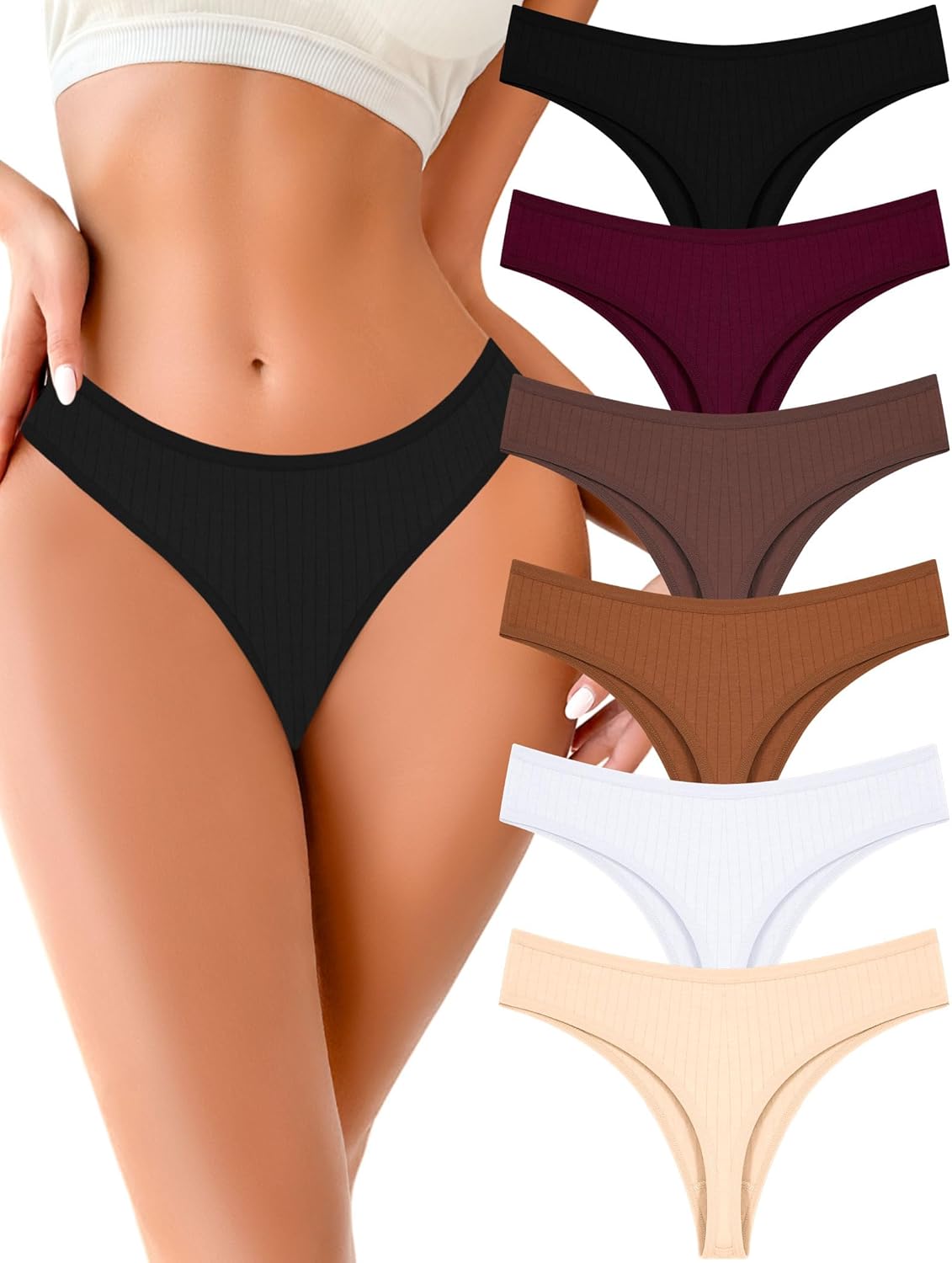 Detalle 2 de FINETOO Cotton Thongs for Women – Soft Low Rise 6-Pack, 95% Cotton