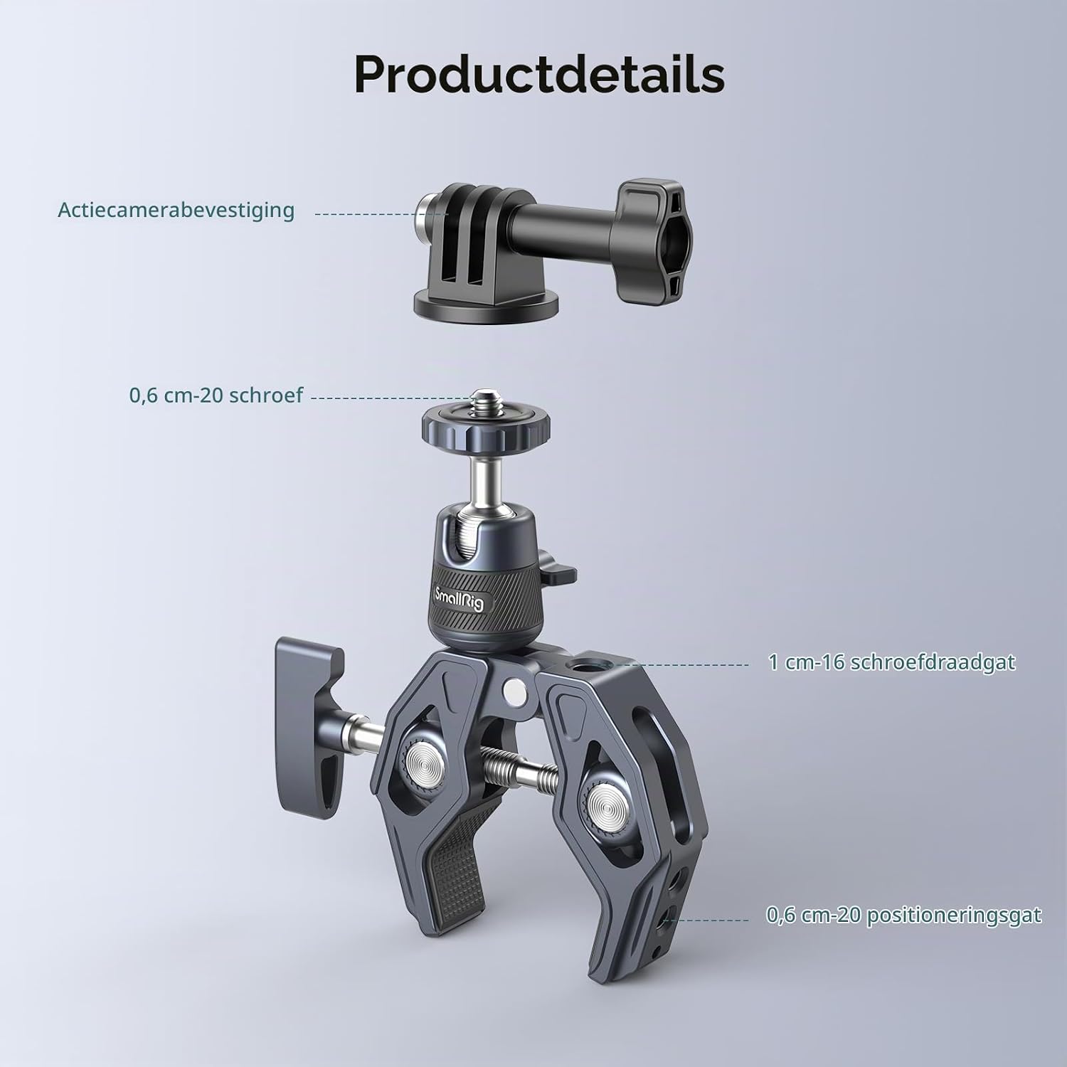 Detalle de SMALLRIG 4102B superklem met balhoofd, actiecamera-adapter en 1/4"-20-aansluiting