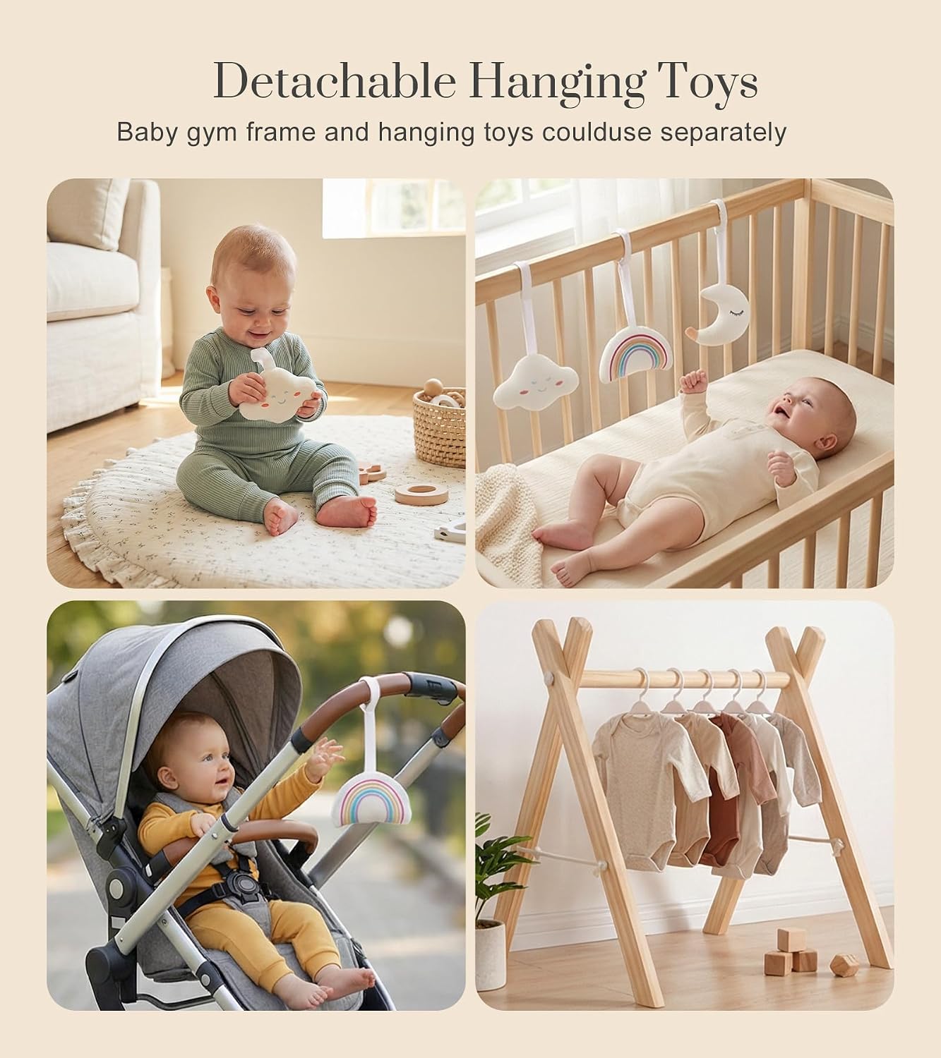 Detalle 2 de Mallify HTBG-01 Wooden Baby Gym with 6 Hanging Toys, Foldable Pine Frame