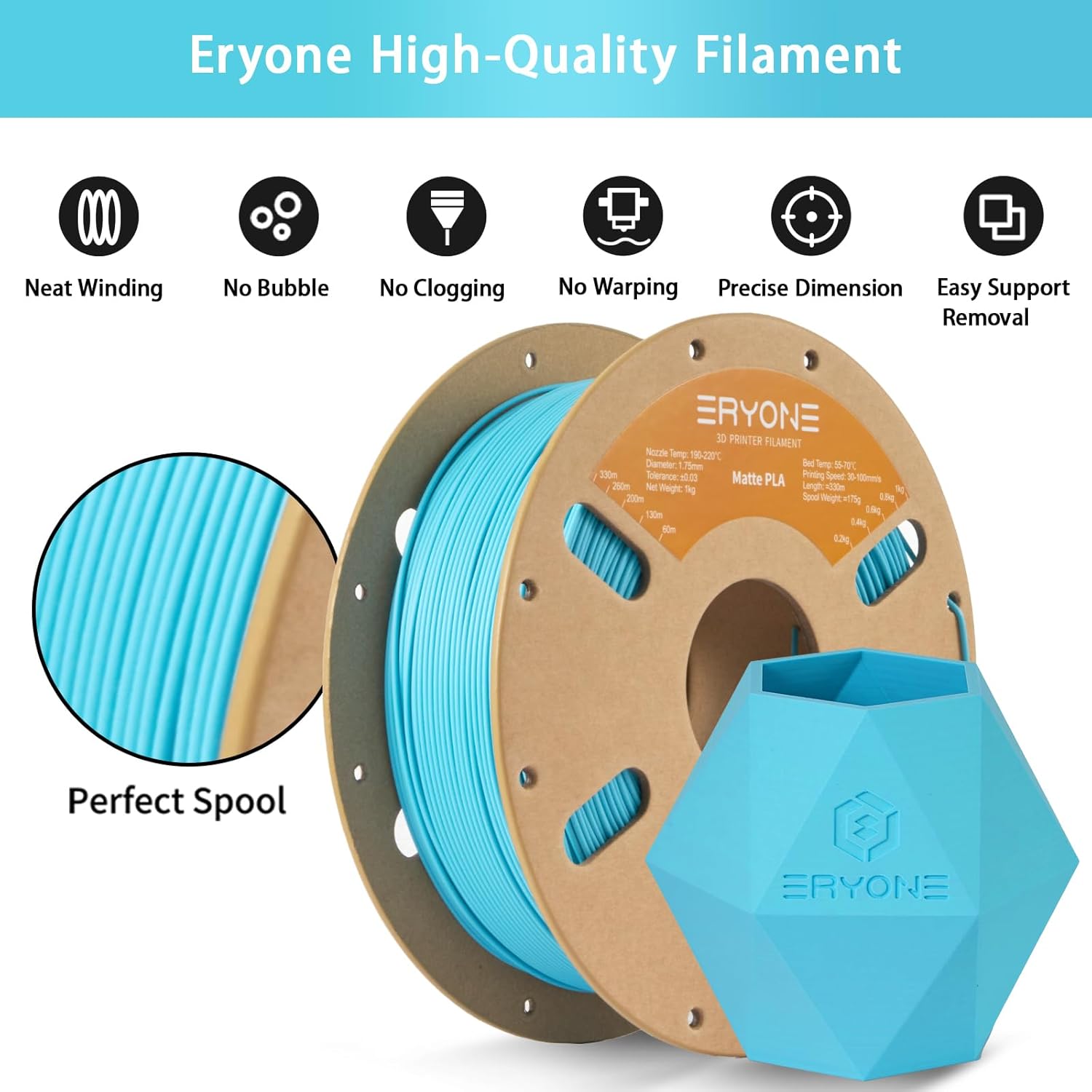 Thumbnail 3 de ERYONE Matte PLA Filament 1.75mm – 1kg Spool in Matte Aqua Blue Teal for 3D Printing