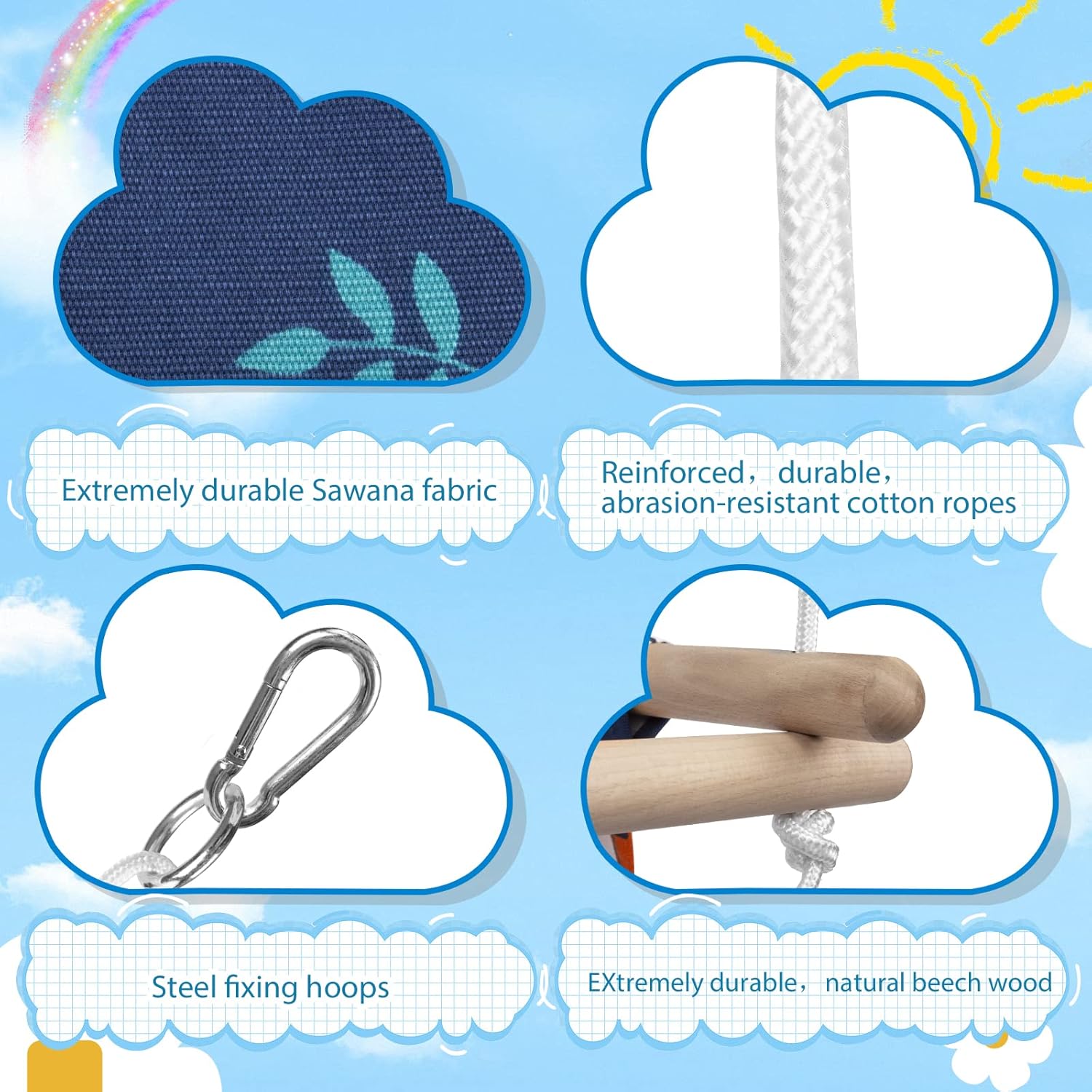 Detalle de Katomi Schaukel für Baby und Kinder mit Sicherheitsgurt – verstellbare Länge, Edelstahl-Karabiner, Dinosaurier-Design