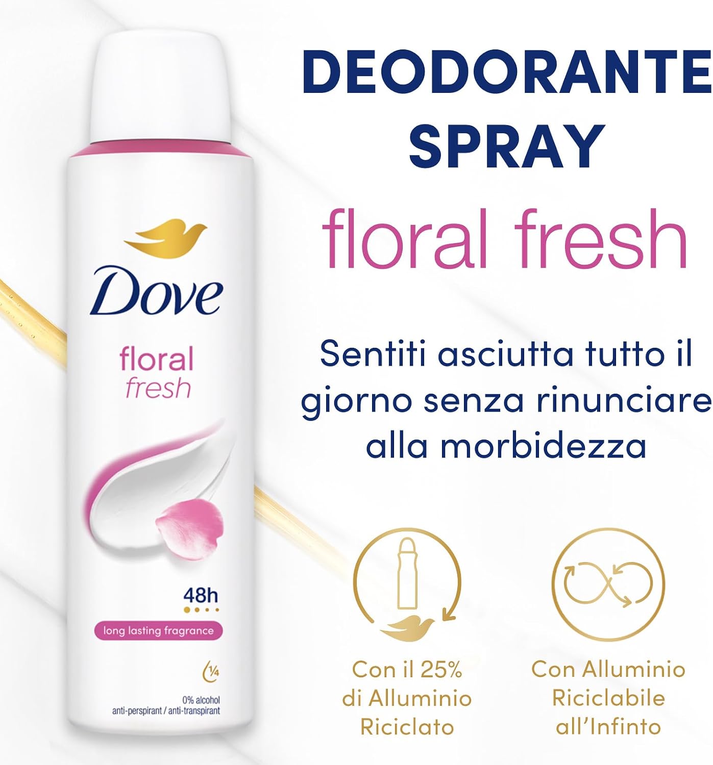 Detalle de Dove Deodorante Spray Classic Care Floral (protezione fino a 48 ore), con 1/4 di crema idratante, 6 x 150 ml